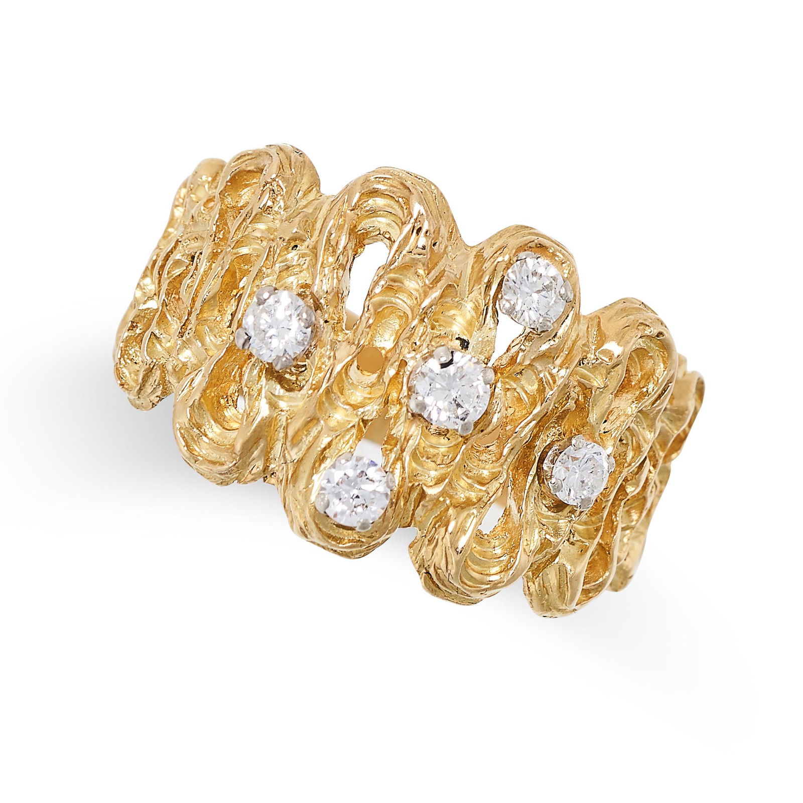 A DIAMOND DRESS RING in yellow gold, in abstract design, set with five round brilliant cut diamonds (1 of 2)