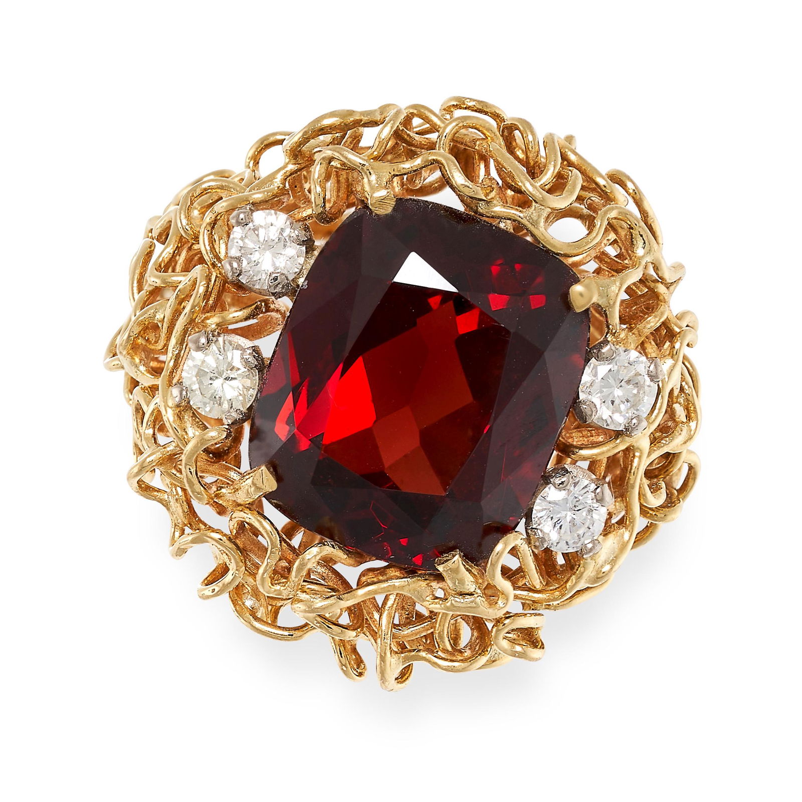 A VINTAGE ALMANDINE GARNET AND DIAMOND COCKTAIL RING in 18ct gold, set centrally with a cushion cut (1 of 2)