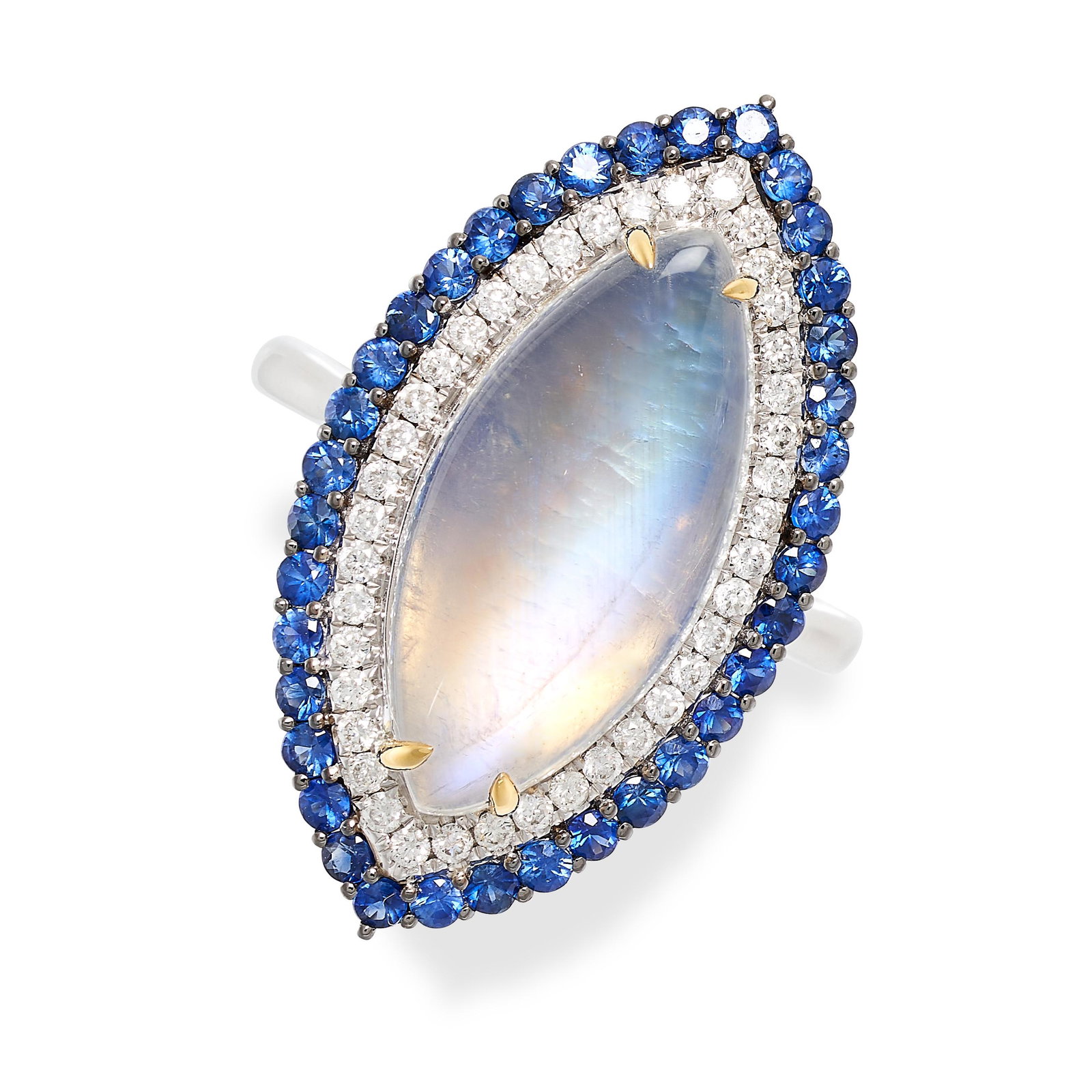 A MOONSTONE, SAPPHIRE AND DIAMOND RING in 18ct white gold, set with a cabochon moonstone totalling (1 of 2)