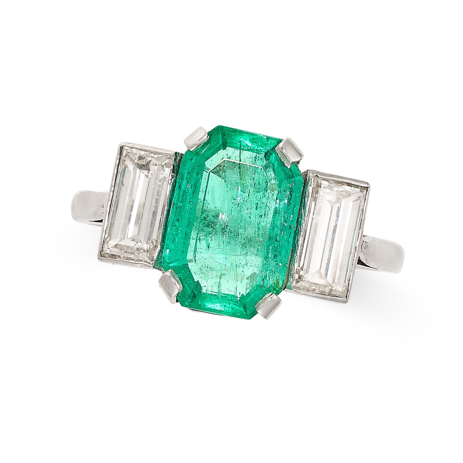 A COLOMBIAN EMERALD AND DIAMOND RING set with an emerald cut emerald of 2.39 carats, between two (1 of 1)