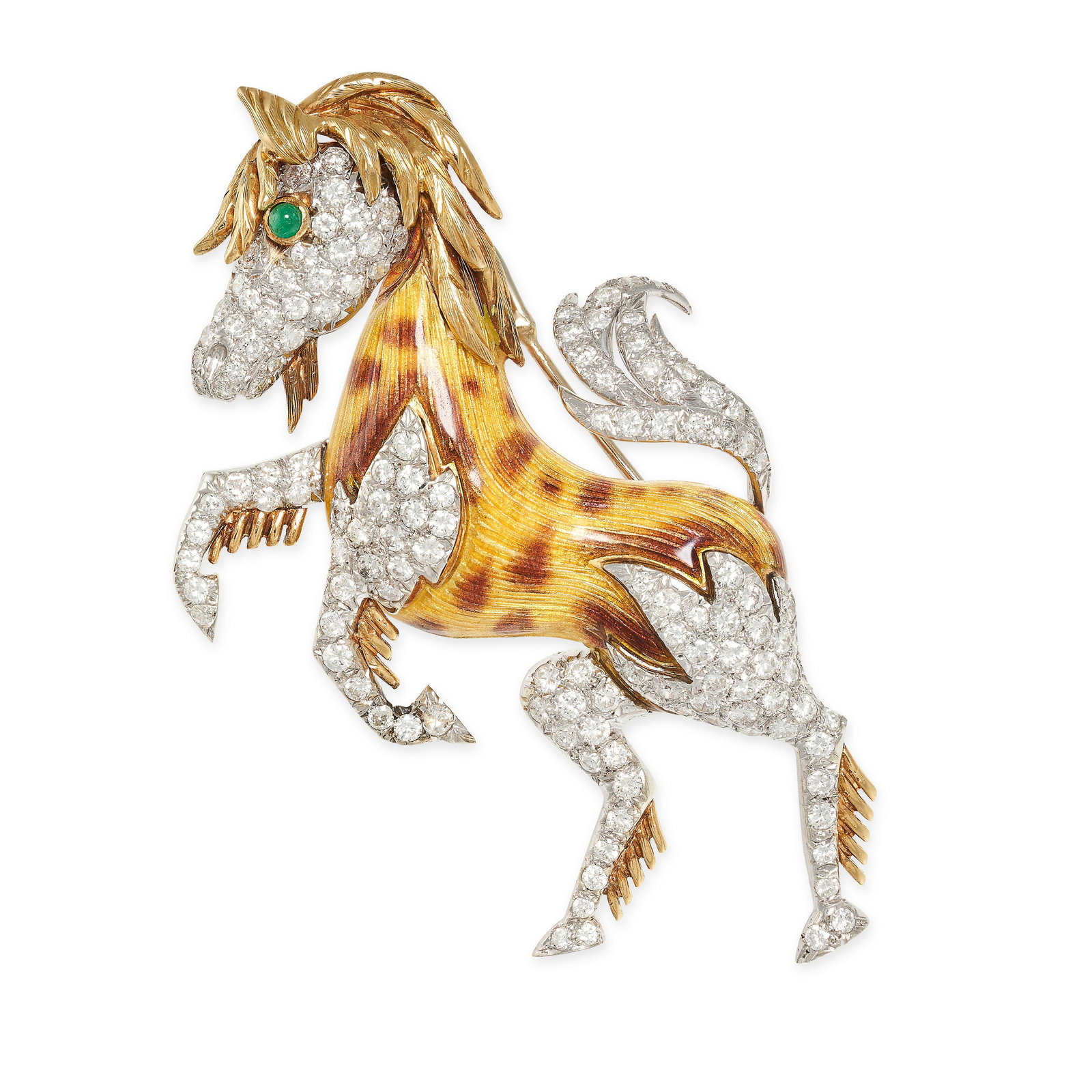 A DIAMOND, EMERALD AND ENAMEL HORSE BROOCH in yellow gold and white gold, designed as a horse, the (1 of 1)