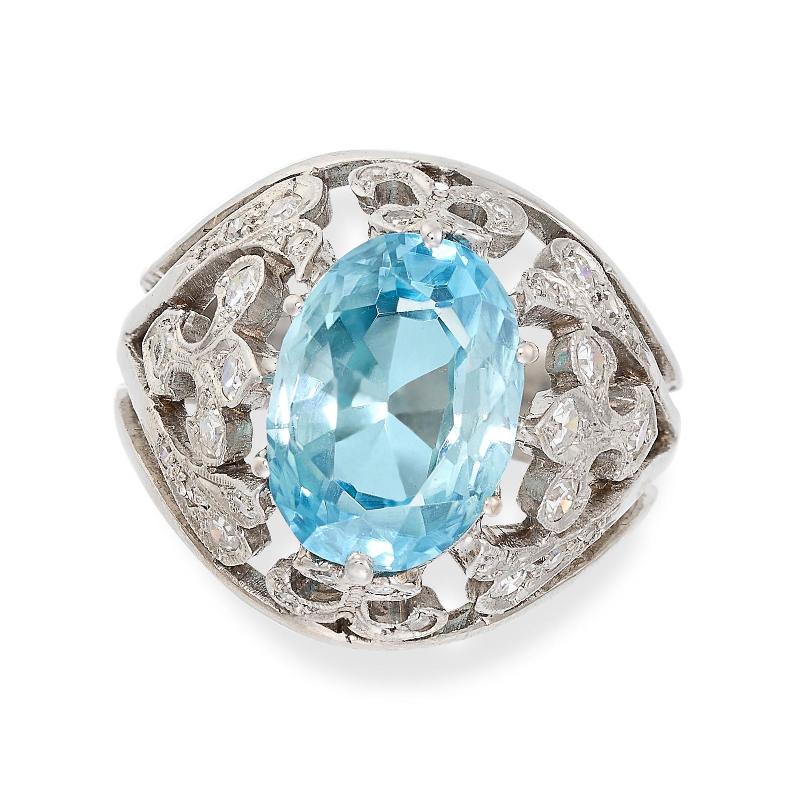 A BLUE ZIRCON AND DIAMOND DRESS RING set with a cushion cut blue zircon of 5.76 carats, accented to (1 of 2)