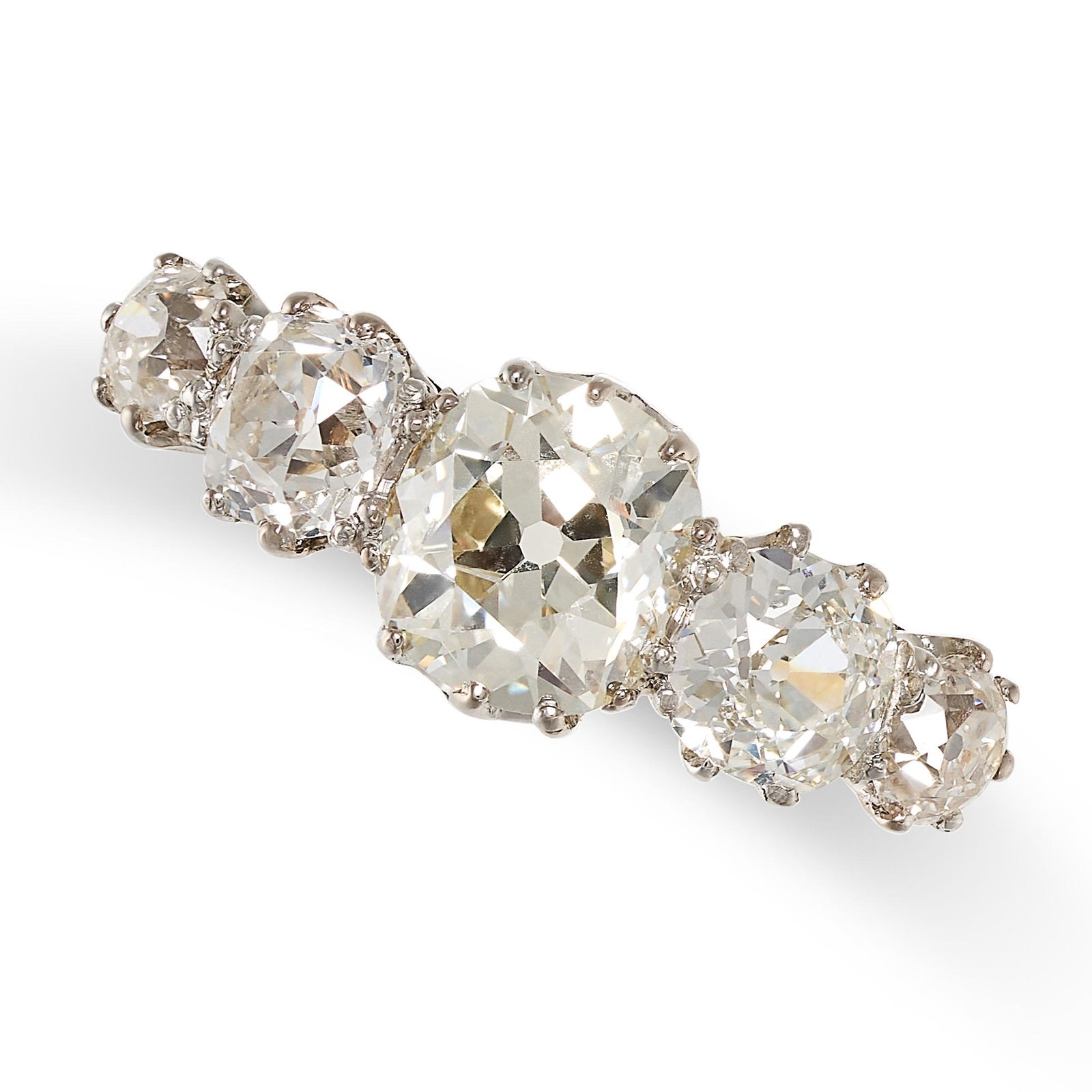 A VINTAGE DIAMOND FIVE STONE RING in 18ct yellow gold, set with a graduated row of old cut diamonds (1 of 2)