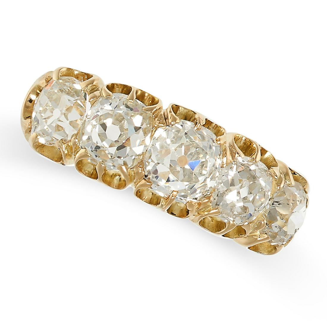 AN ANTIQUE DIAMOND FIVE STONE RING in yellow gold, set with a graduated row of old cut diamonds all (1 of 2)