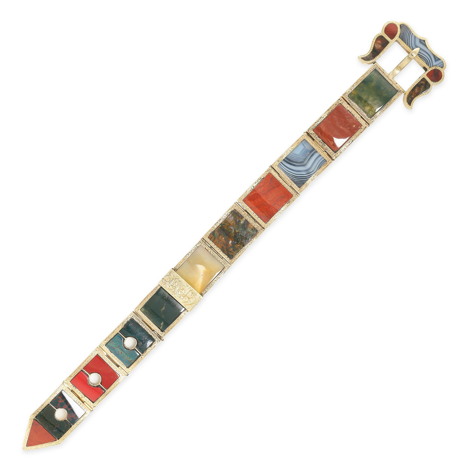 AN ANTIQUE SCOTTISH HARDSTONE BELT BRACELET, 19TH CENTURY in yellow gold, designed as a belt, set (1 of 1)