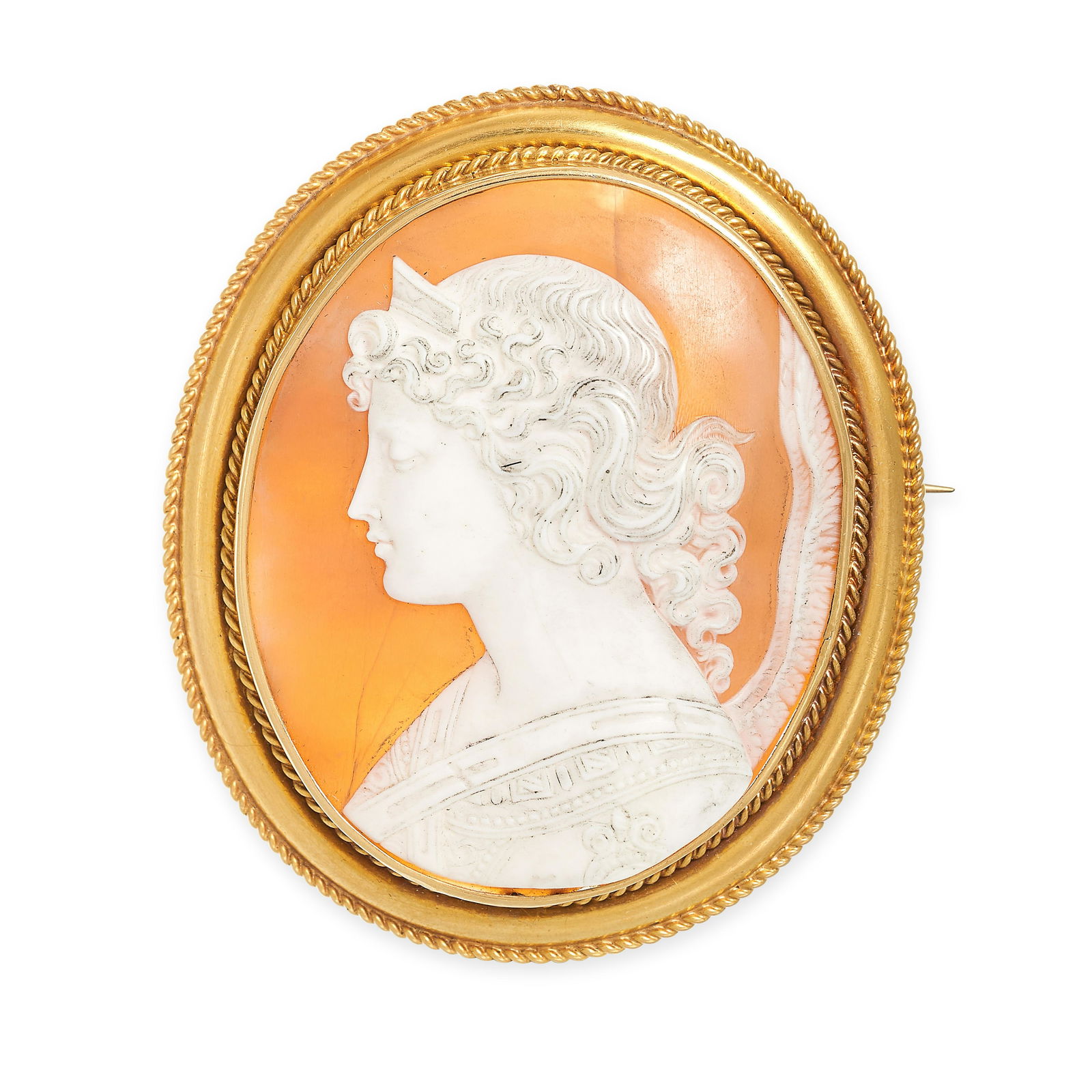 AN ANTIQUE CAMEO BROOCH, 19TH CENTURY in yellow gold, the shell cameo carved depicting a winged (1 of 1)