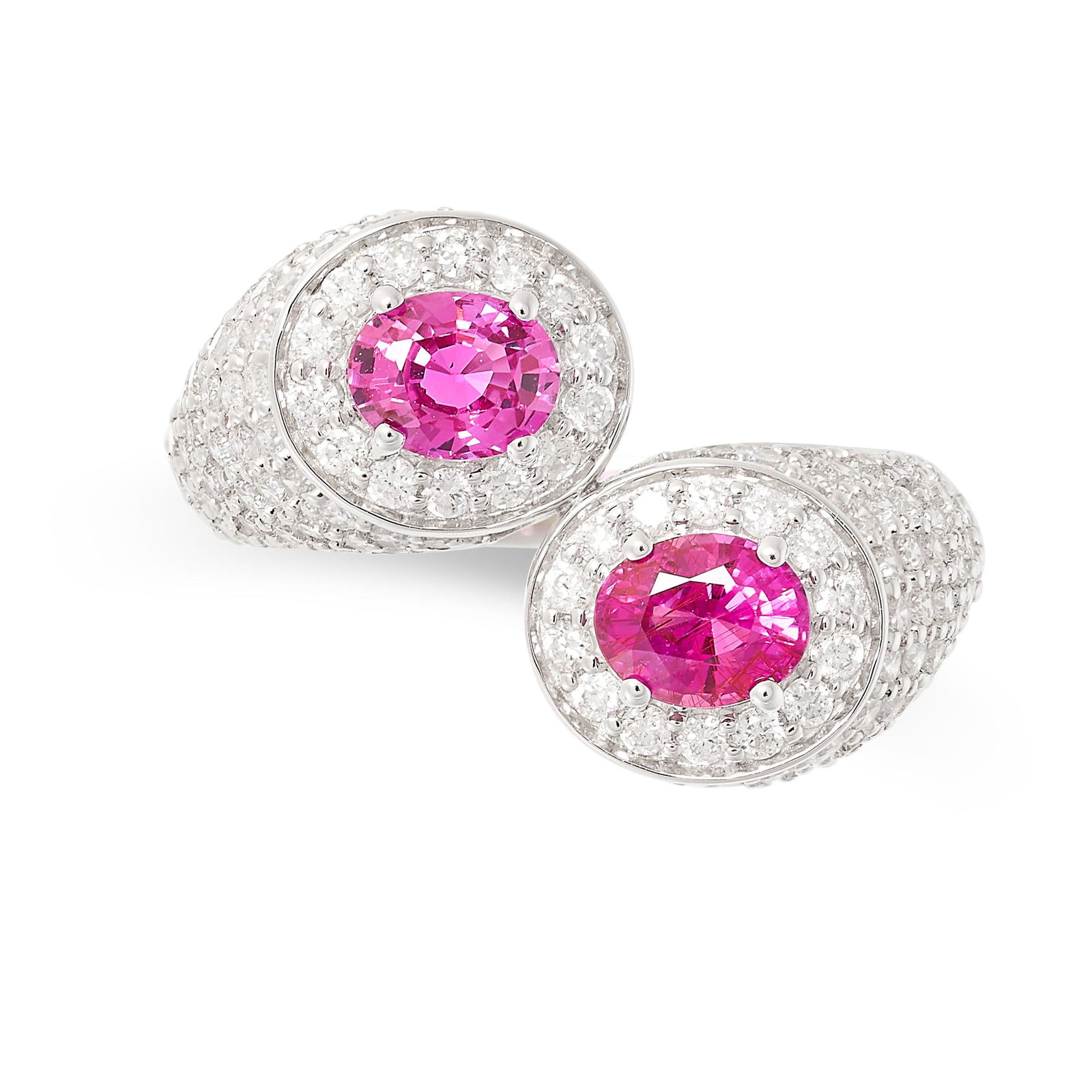 A RUBY AND DIAMOND CROSSOVER RING in 18ct white gold, terminating with two oval cut rubies both (1 of 2)