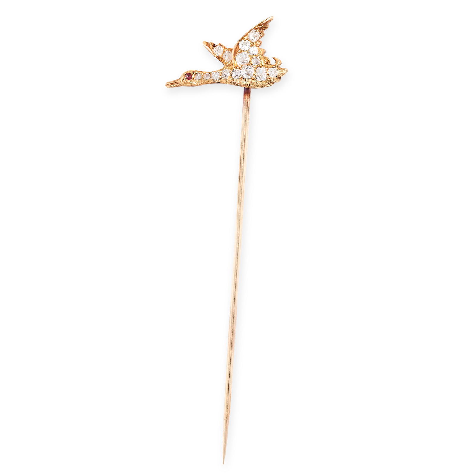 AN ANTIQUE DIAMOND AND RUBY STICK PIN, LATE 19TH CENTURY designed as a duck in flight, set with (1 of 1)