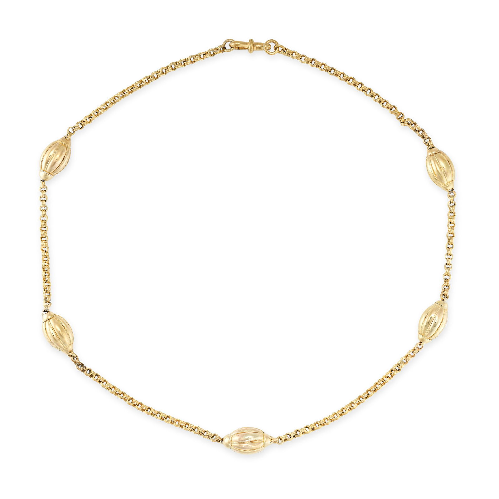 AN ANTIQUE GOLD NECKLACE in Etruscan revival design, the fancy link chain with five reeded oval (1 of 1)