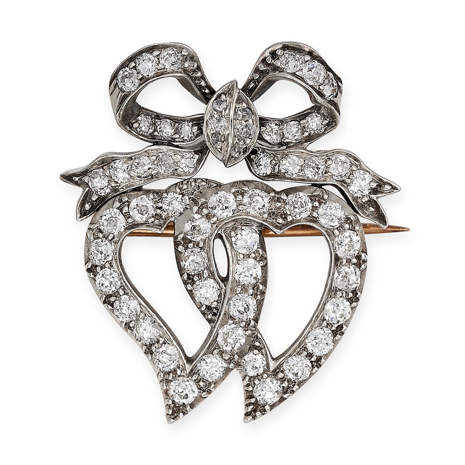 AN ANTIQUE DIAMOND SWEETHEART BROOCH in yellow gold and silver, designed as two interlocking witches (1 of 1)