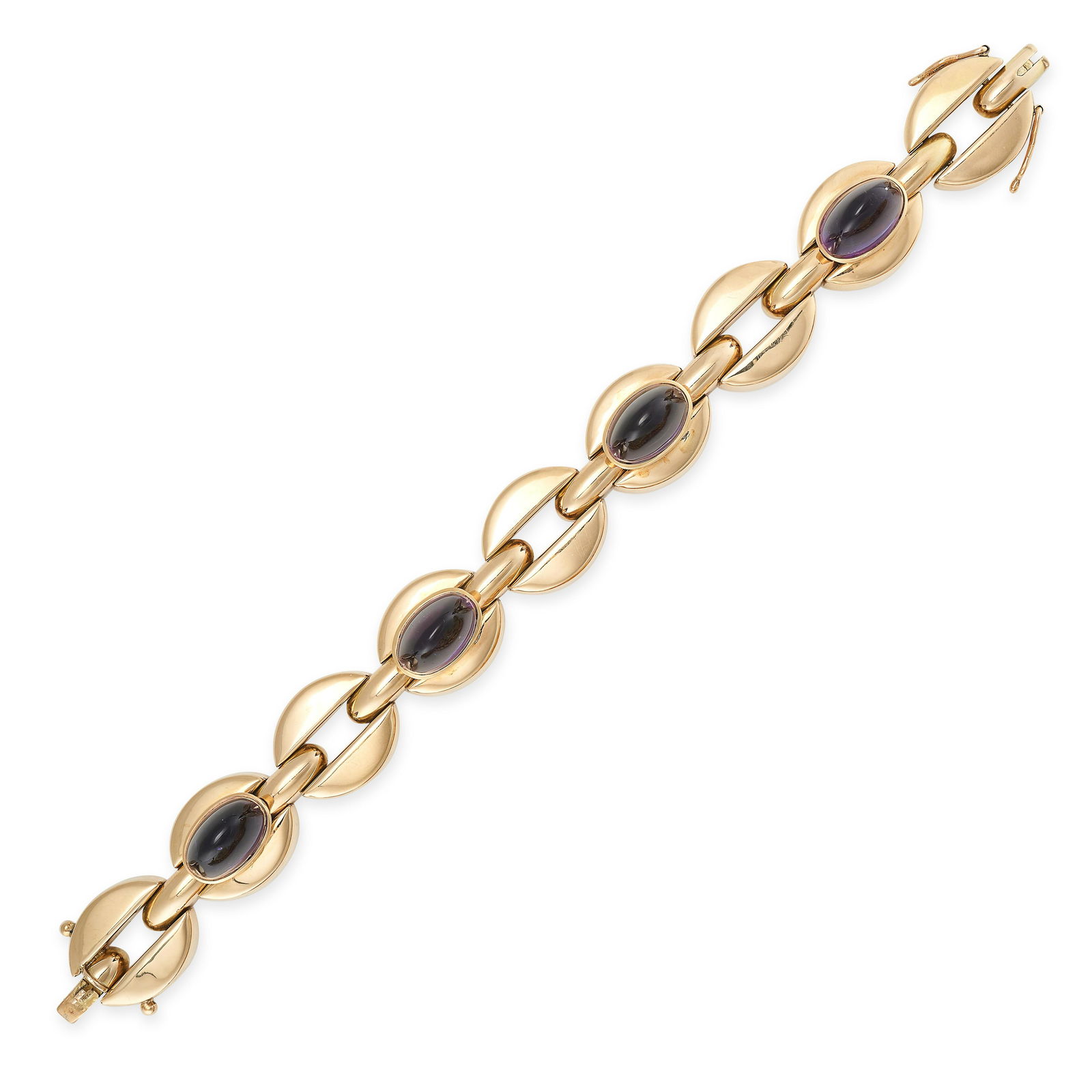 A VINTAGE AMETHYST BRACELET in yellow gold, the oval links set with four sugarloaf cabochon (1 of 1)