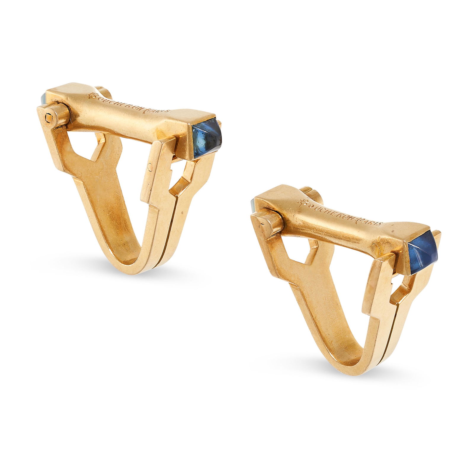 BOUCHERON, A PAIR OF VINTAGE SAPPHIRE STIRRUP CUFFLINKS in 18ct yellow gold, each formed of two (1 of 2)