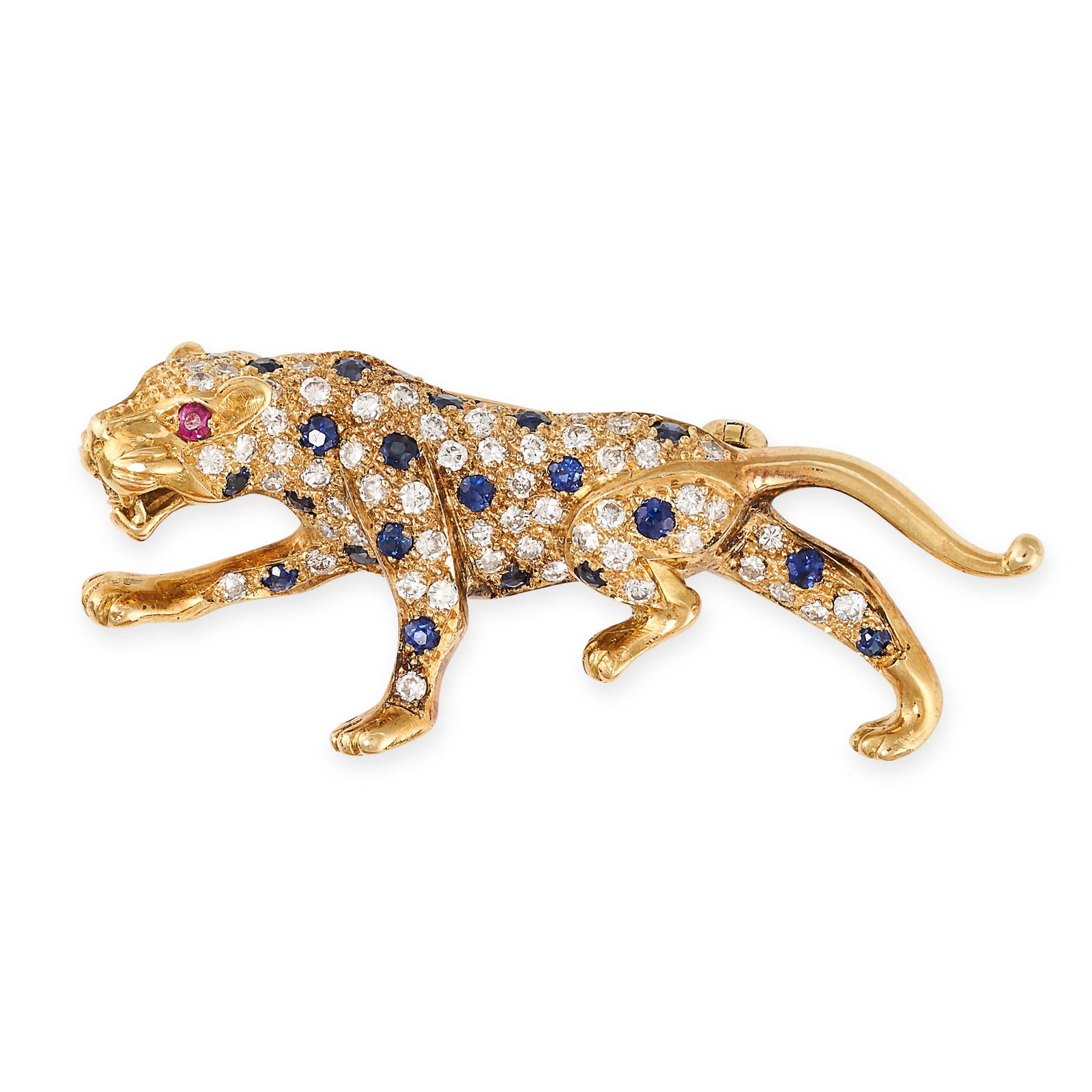A SAPPHIRE, DIAMOND AND RUBY PANTHER BROOCH in 18ct yellow gold, set with round cut sapphires, (1 of 1)