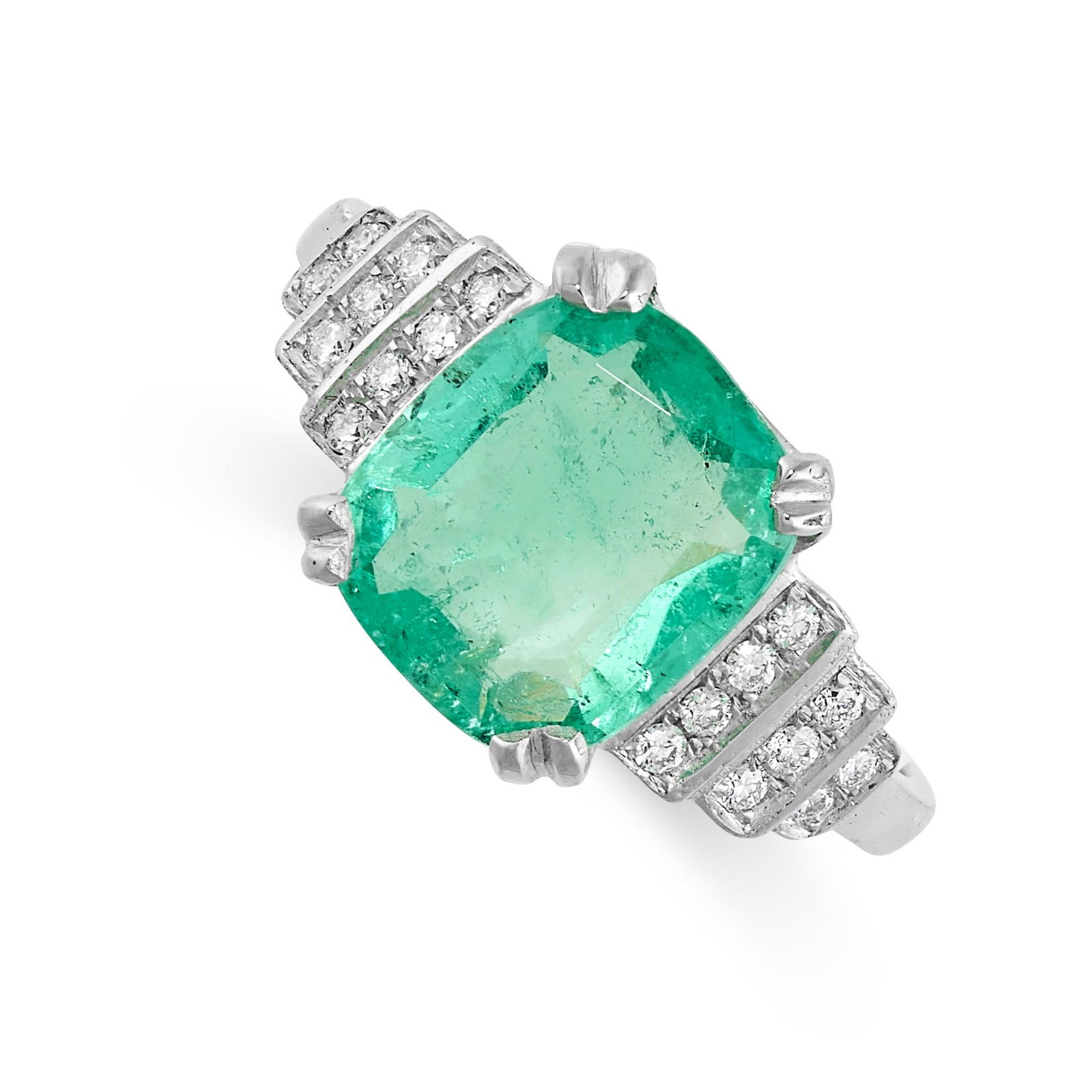 AN EMERALD AND DIAMOND DRESS RING set with a cushion cut emerald of 2.19 carats, between stepped (1 of 1)