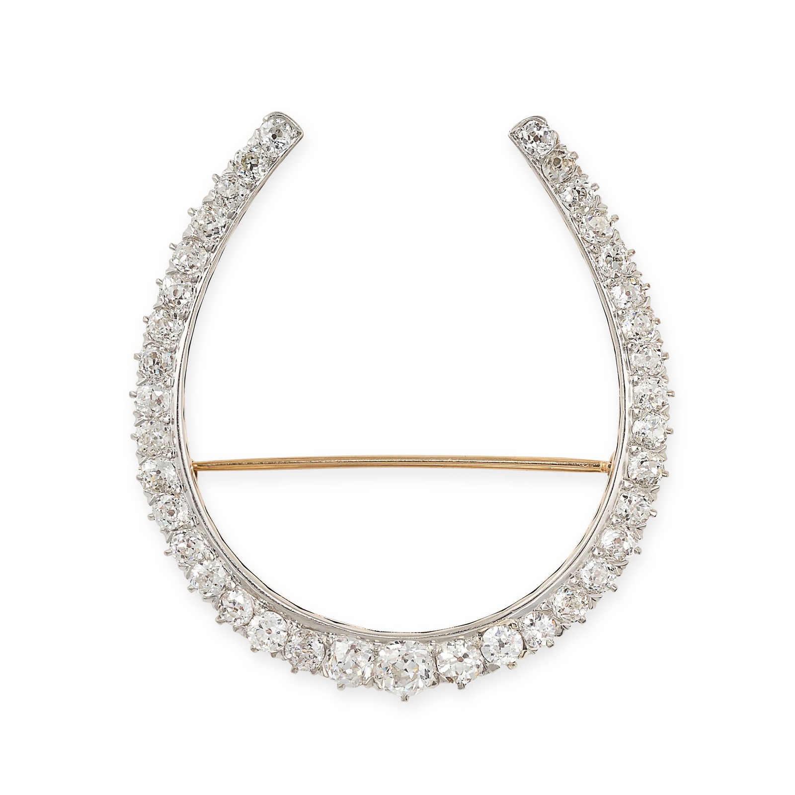 AN ANTIQUE DIAMOND HORSESHOE BROOCH, 19TH CENTURY in yellow gold, the body set with a single row of (1 of 1)