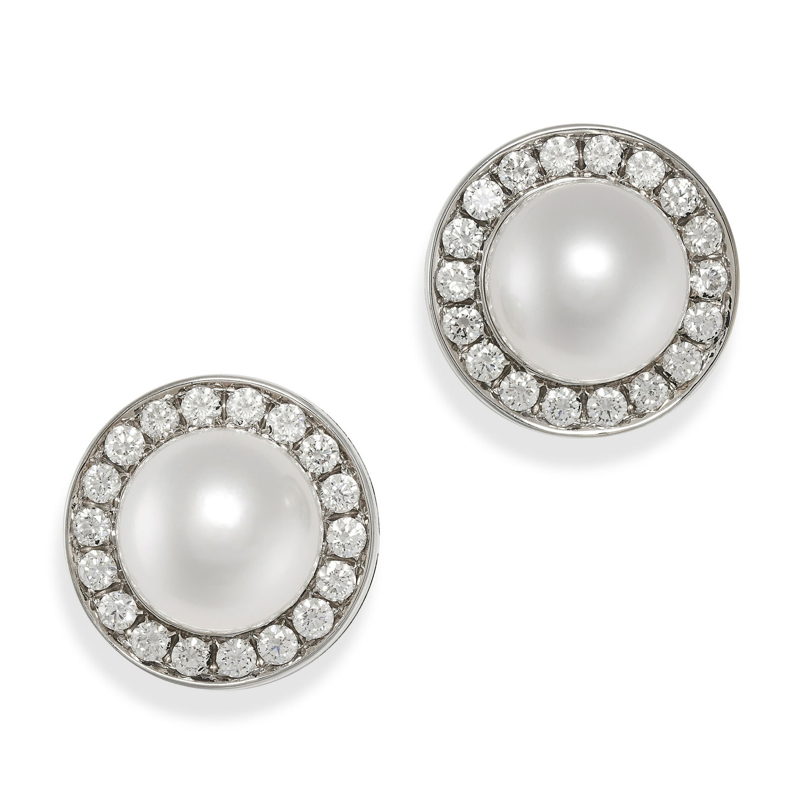 A PAIR OF DIAMOND AND PEARL CLUSTER EARRINGS each set with a pearl of 11.4mm, in a border of round (1 of 1)