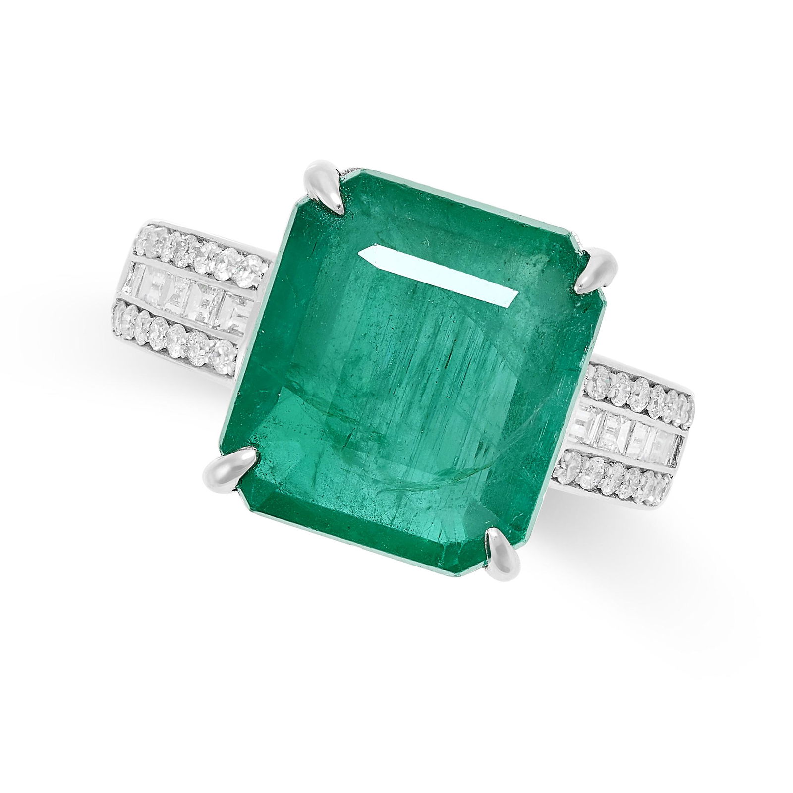 AN EMERALD AND DIAMOND RING in platinum, set with an octagonal cut emerald of 8.02 carats, the band (1 of 2)