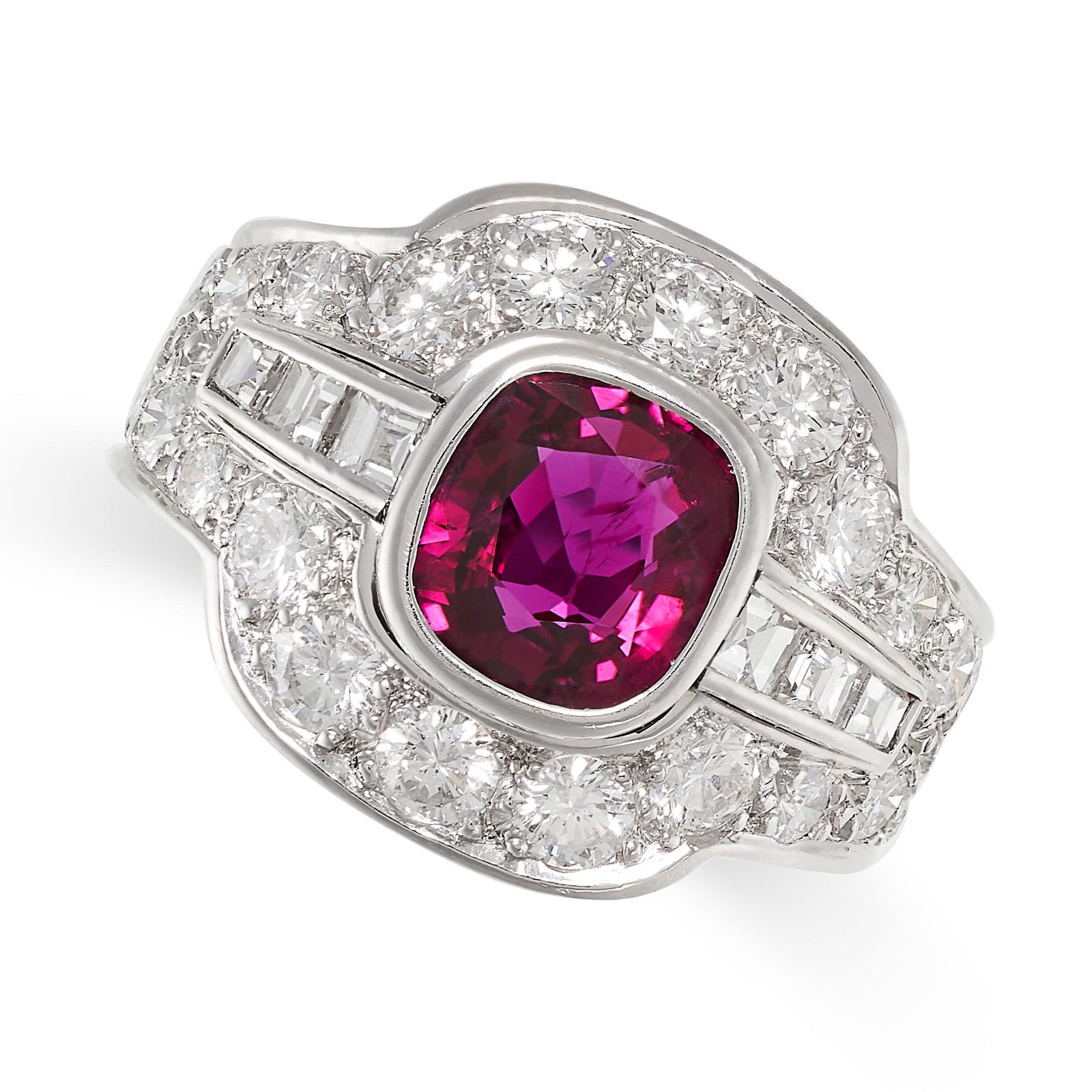 AN UNHEATED RUBY AND DIAMOND RING in 18ct white gold, set with a cushion cut ruby of 1.87 carats, (1 of 2)