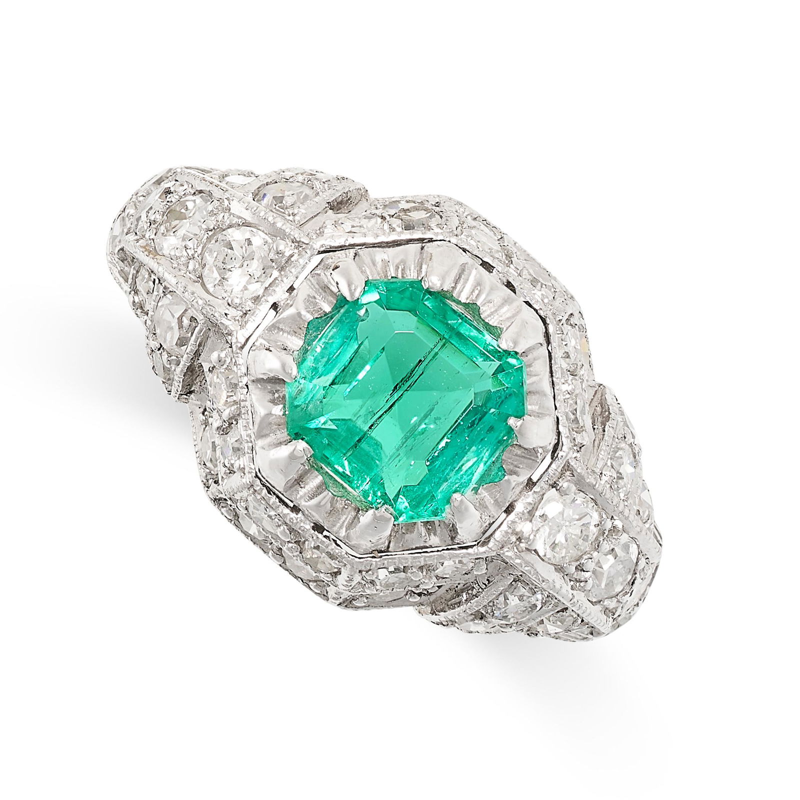 A COLOMBIAN EMERALD AND DIAMOND RING set with an emerald cut emerald of 1.22 carats within geometric (1 of 2)