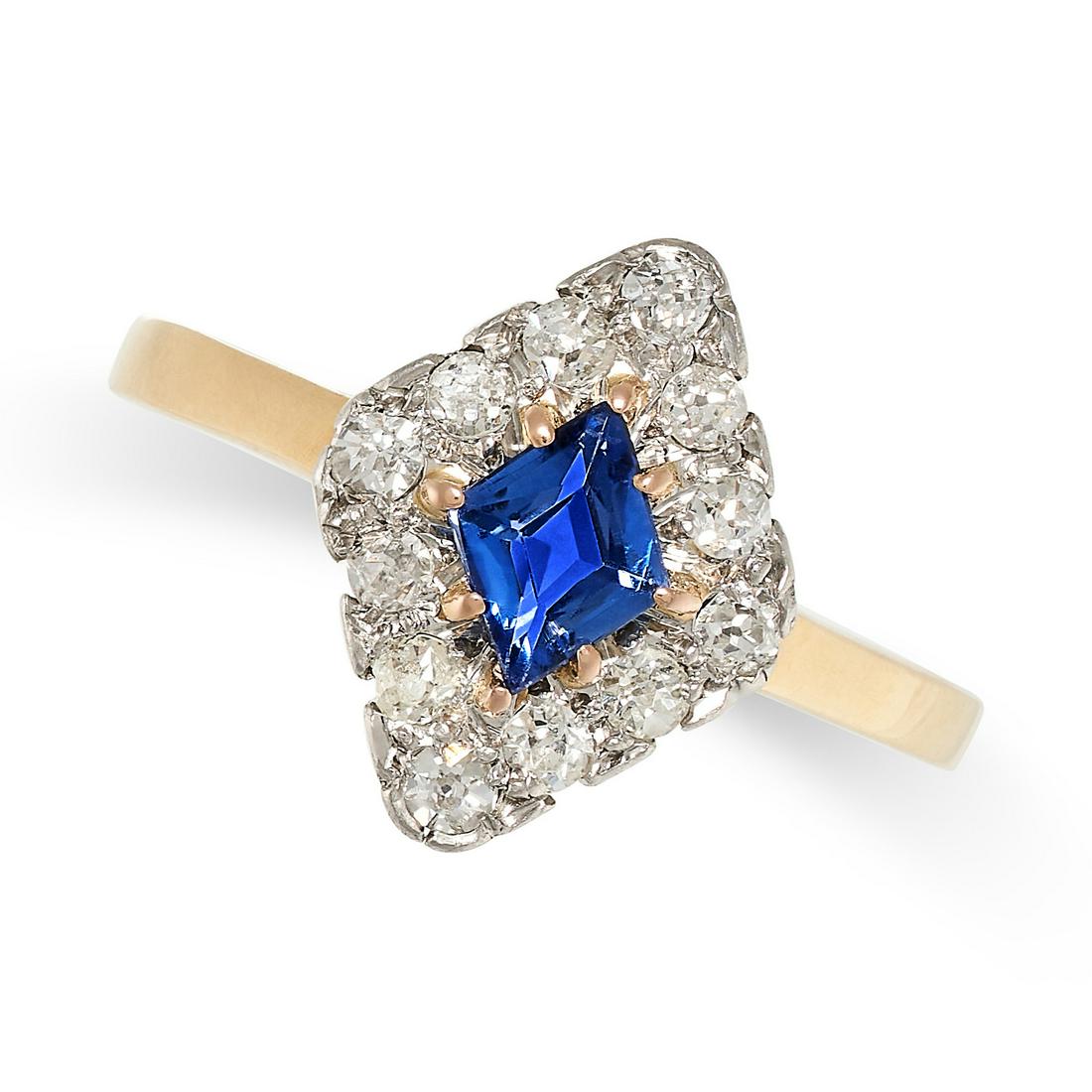 A SAPPHIRE AND DIAMOND RING, CIRCA 1930 in yellow gold, the navette face set with a step cut (1 of 2)