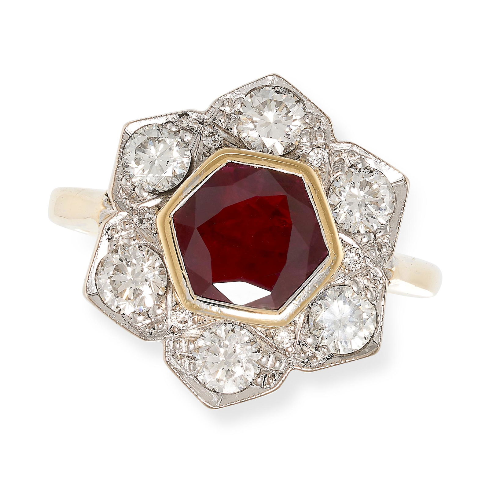 A RUBY AND DIAMOND CLUSTER RING in 18ct gold set centrally with a hexagonal cut ruby held in a (1 of 2)