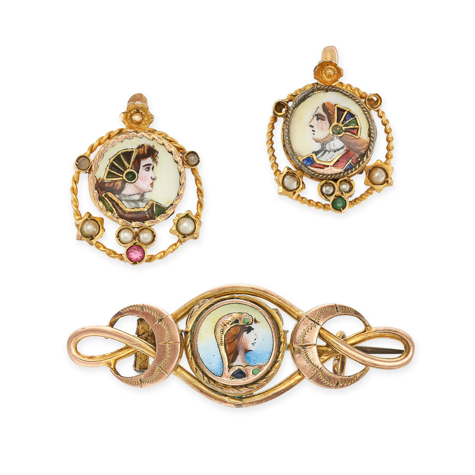 AN ANTIQUE ENAMEL, EMERALD, RUBY AND PEARL BROOCH AND EARRINGS SUITE, 19TH CENTURY each with a (1 of 1)