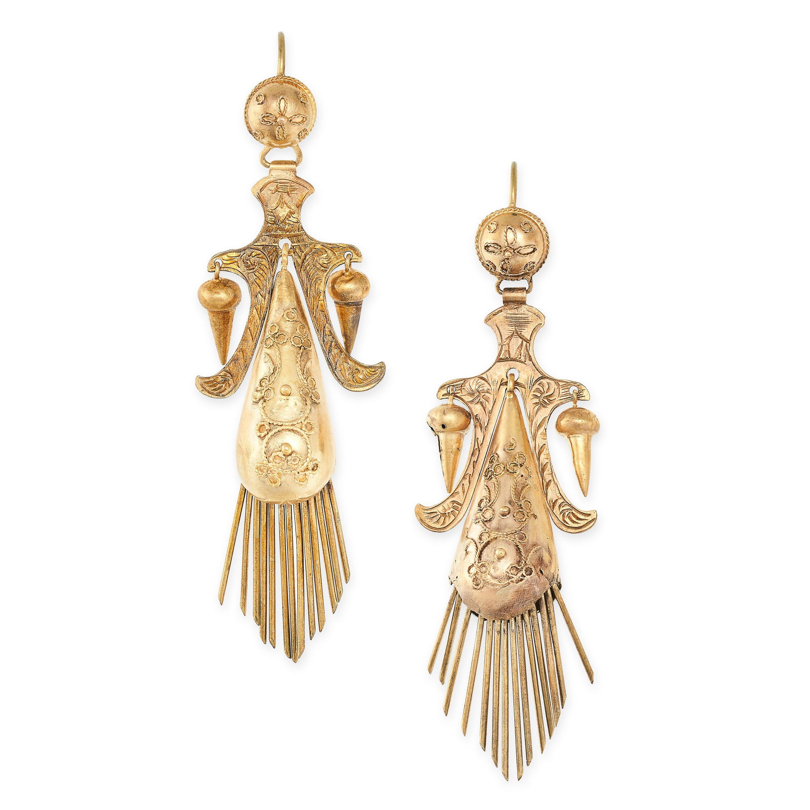 A PAIR OF ANTIQUE DROP EARRINGS, 19TH CENTURY in yellow gold, in the Etruscan revival style, each (1 of 1)