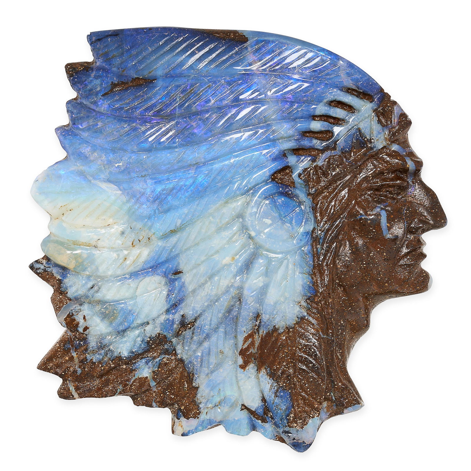 AN UNMOUNTED CARVED OPAL carved depicting a Lakota tribe chief, 111.05 carats. (1 of 1)