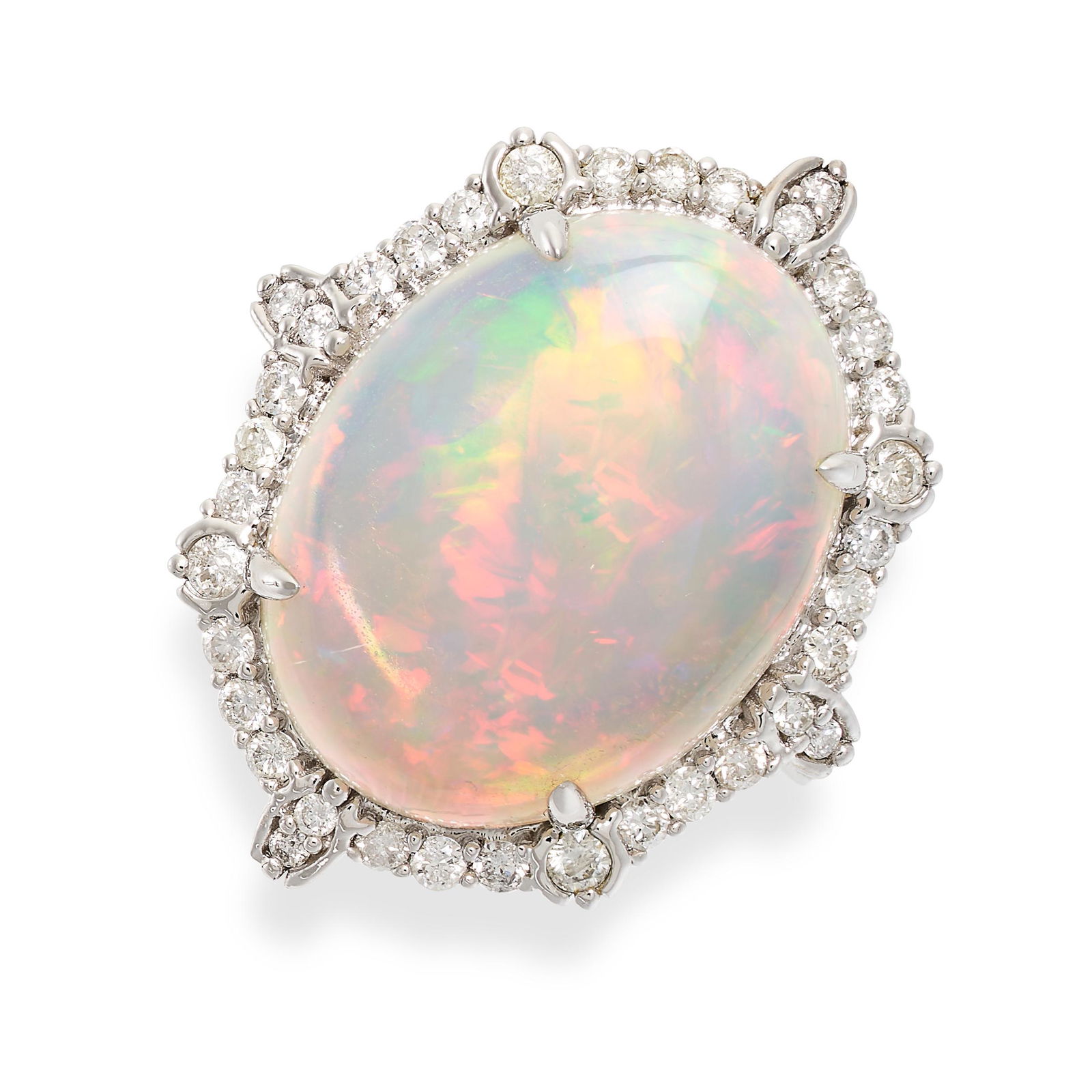 AN OPAL AND DIAMOND CLUSTER RING in 18ct white gold, set with a cabochon opal of 9.50 carats in a (1 of 2)
