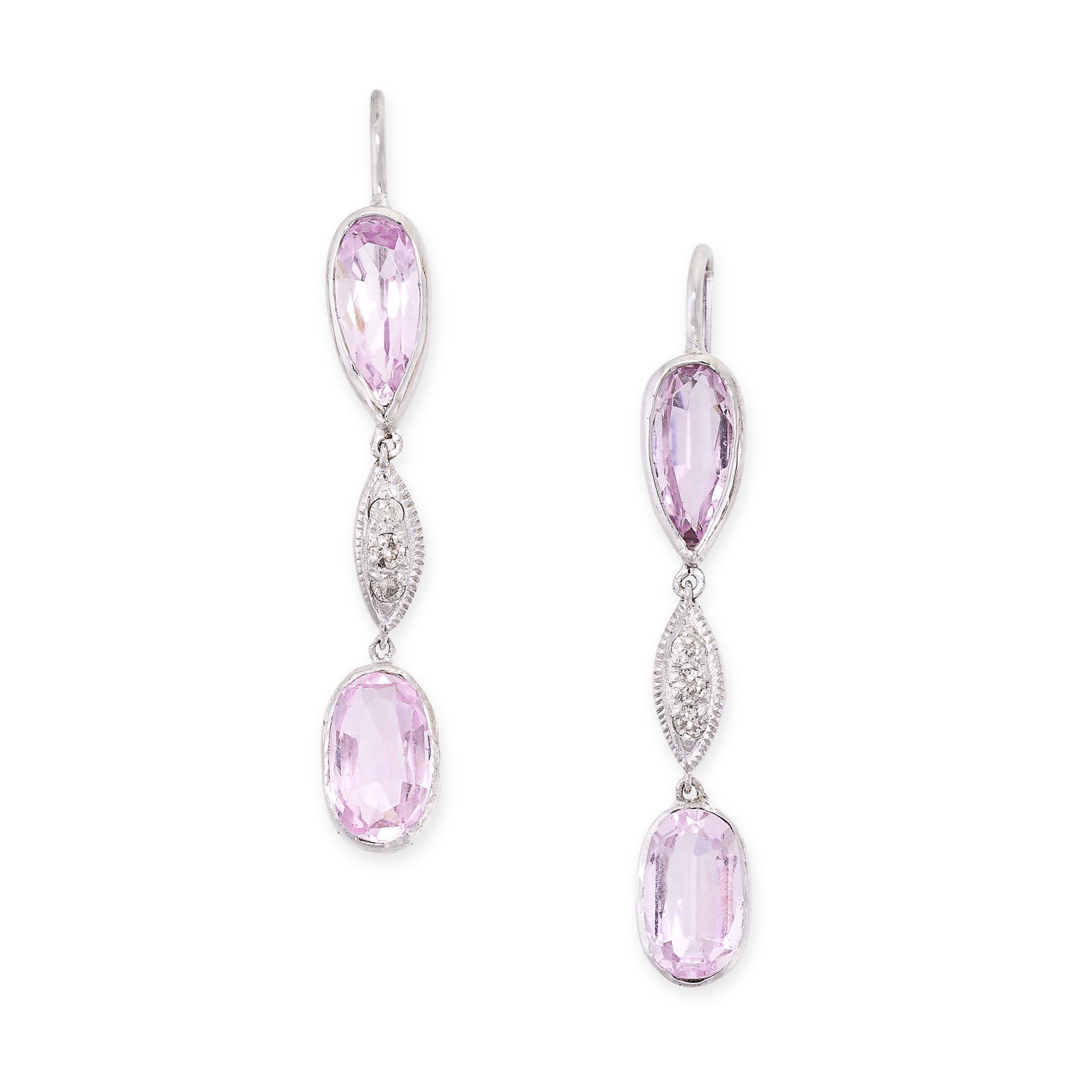 A PAIR OF PINK TOPAZ AND DIAMOND DROP EARRINGS set with a pear shape and oval cut pink topaz (1 of 1)