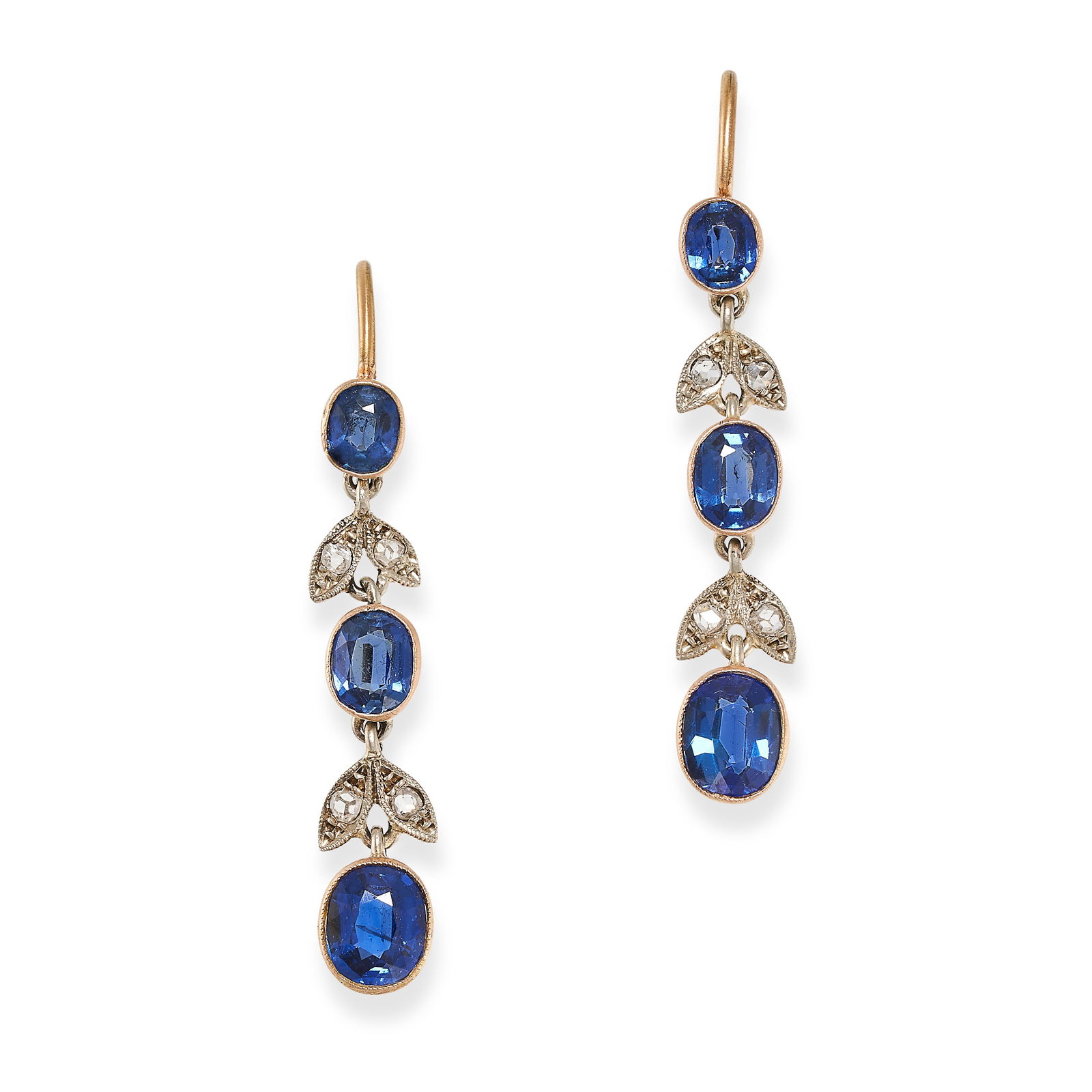A PAIR OF SAPPHIRE AND DIAMOND DROP EARRINGS each set with three graduated oval cut sapphires (1 of 1)