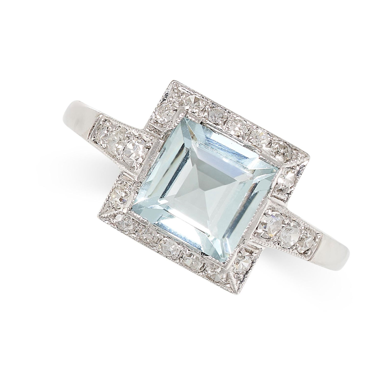 AN AQUAMARINE AND DIAMOND RING the square face set with a step cut aquamarine of 1.24 carats within (1 of 2)