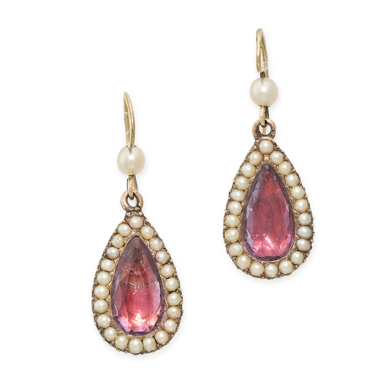 A PAIR OF ANTIQUE GEORGIAN PASTE AND PEARL DROP EARRINGS each set with a pear shaped pink paste (1 of 1)