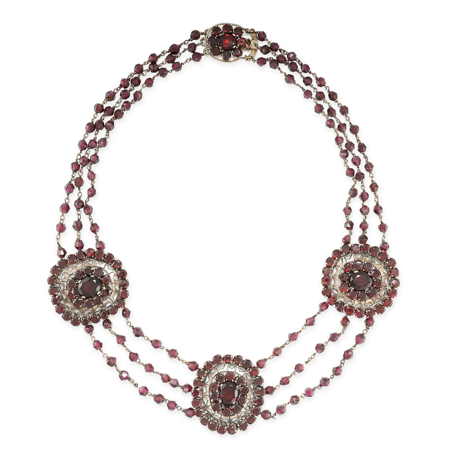 AN ANTIQUE GARNET NECKLACE comprising three oval plaques set with oval and round cut garnets on a (1 of 1)