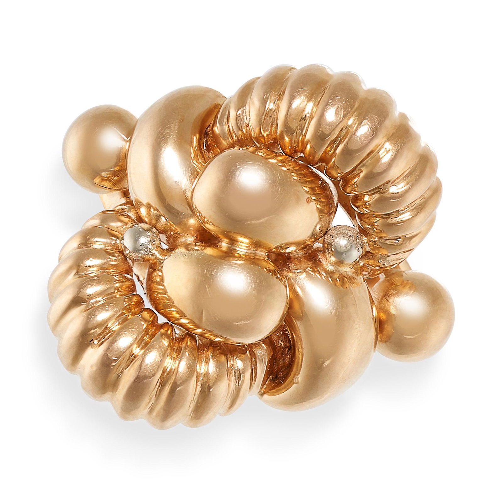 A VINTAGE GOLD DRESS RING in 18ct yellow gold, in abstract design, with intwined reeded and bead (1 of 2)