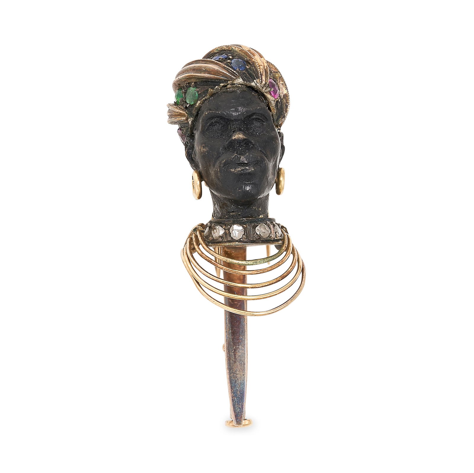 AN ANTIQUE GEMSET BLACKAMOOR BROOCH in yellow gold, designed as the bust of a man carved from wood, (1 of 2)