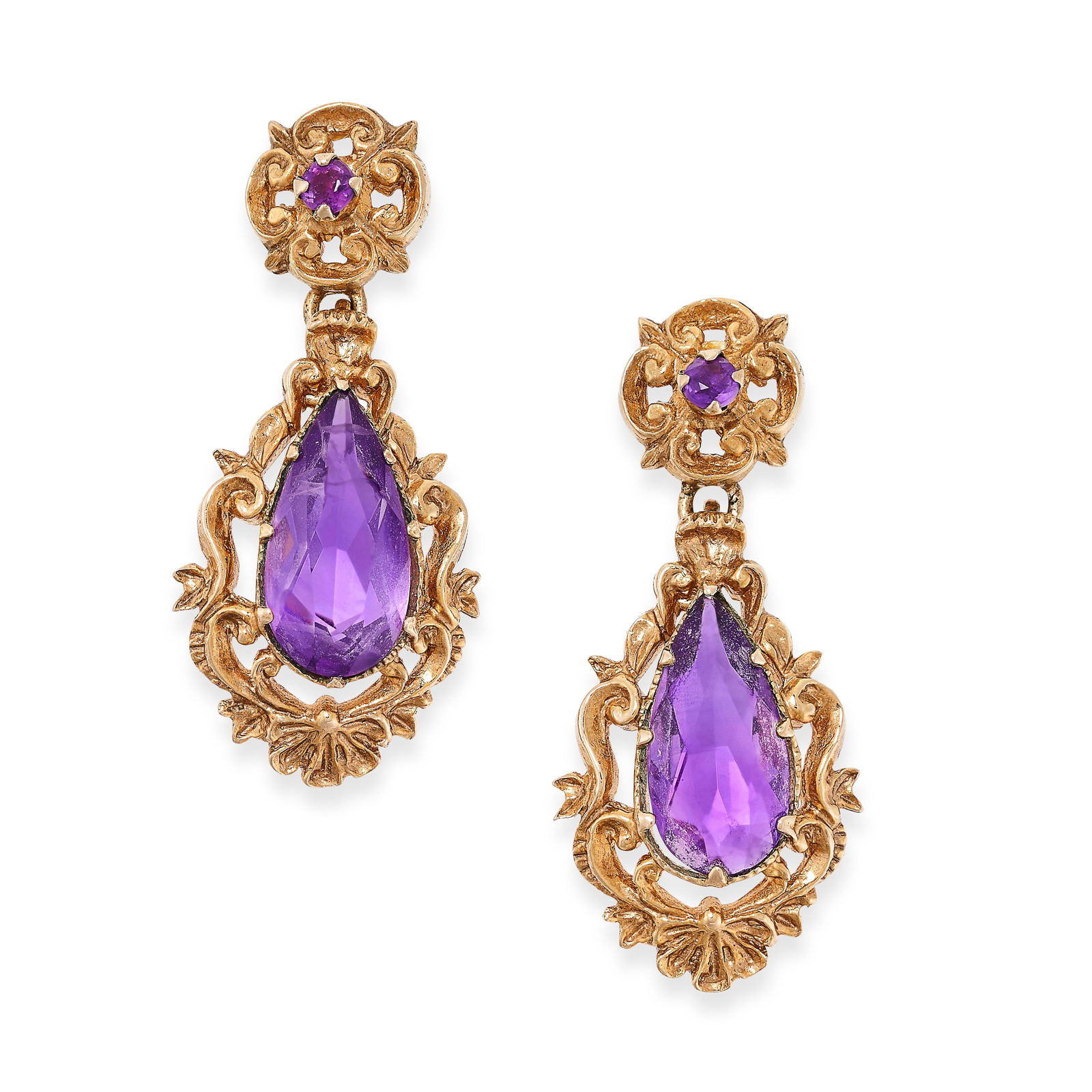A PAIR OF AMETHYST DROP EARRINGS in 9ct yellow gold  set with pear shape amethysts totalling 2.1-2.2 (1 of 1)