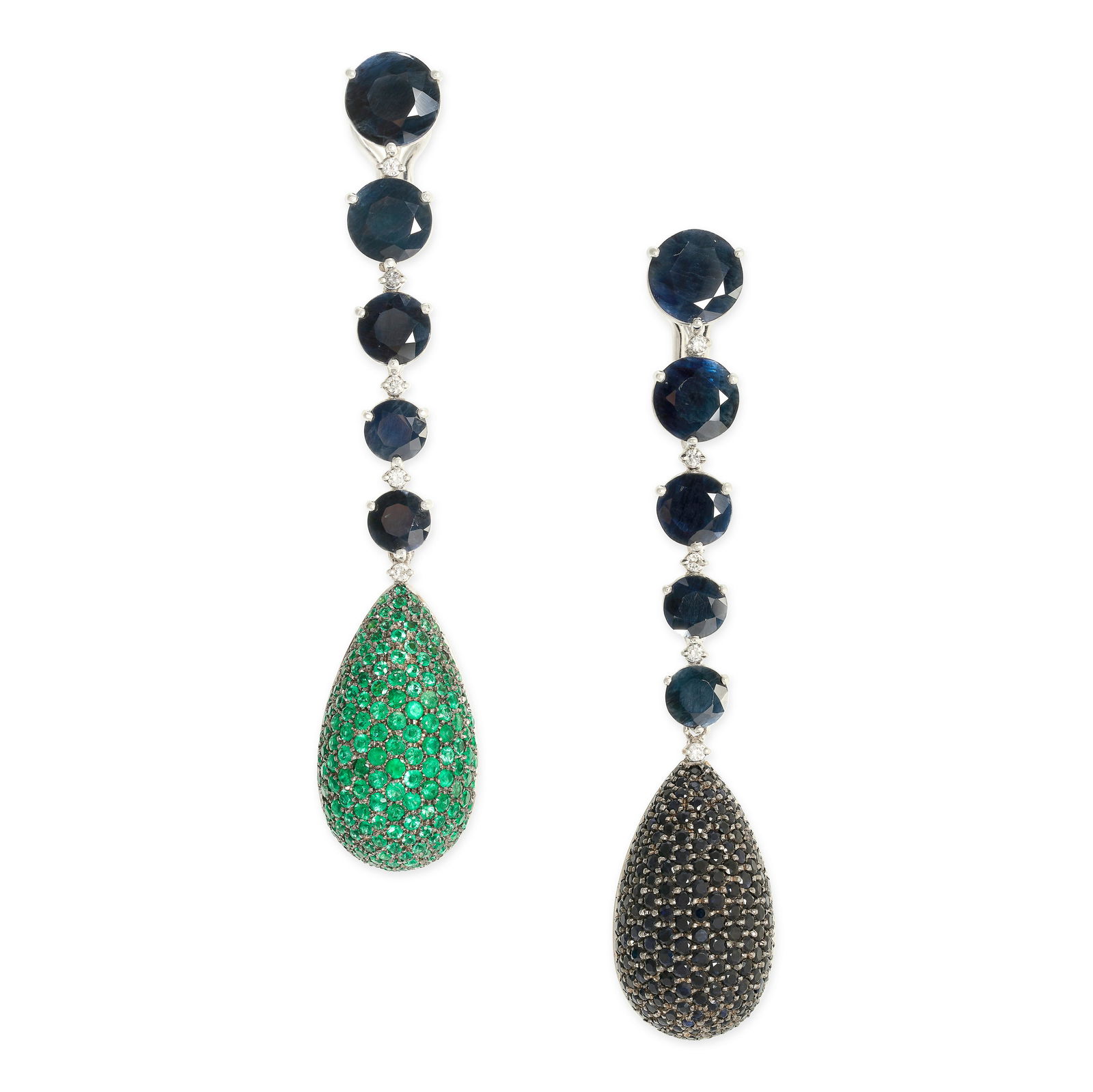 GAVELLO, A PAIR SAPPHIRE AND EMERALD EARRINGS each set with a graduated row of round cut black (1 of 1)
