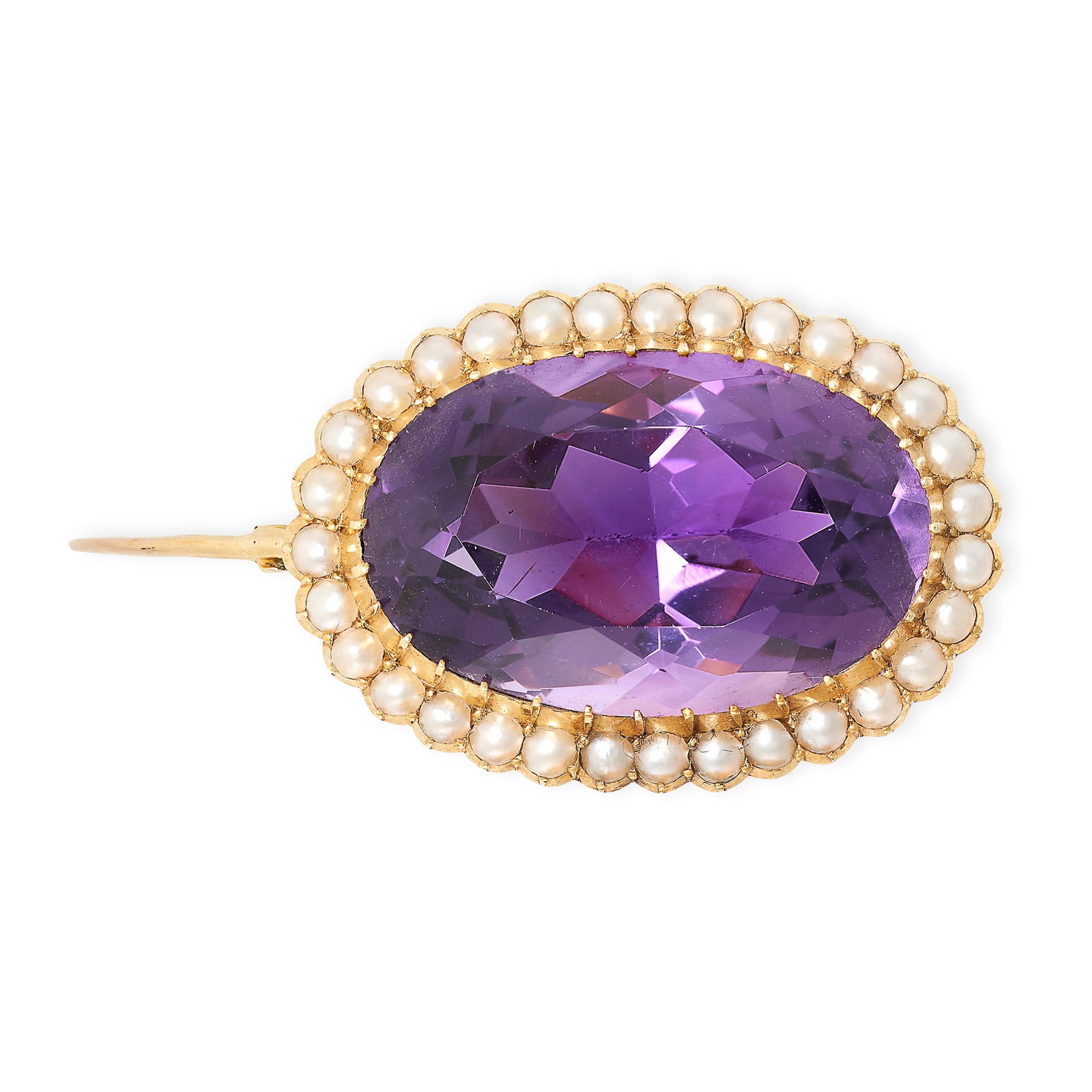 AN ANTIQUE AMETHYST AND PEARL BROOCH in yellow gold, set with an oval cut amethyst within a cluster (1 of 1)