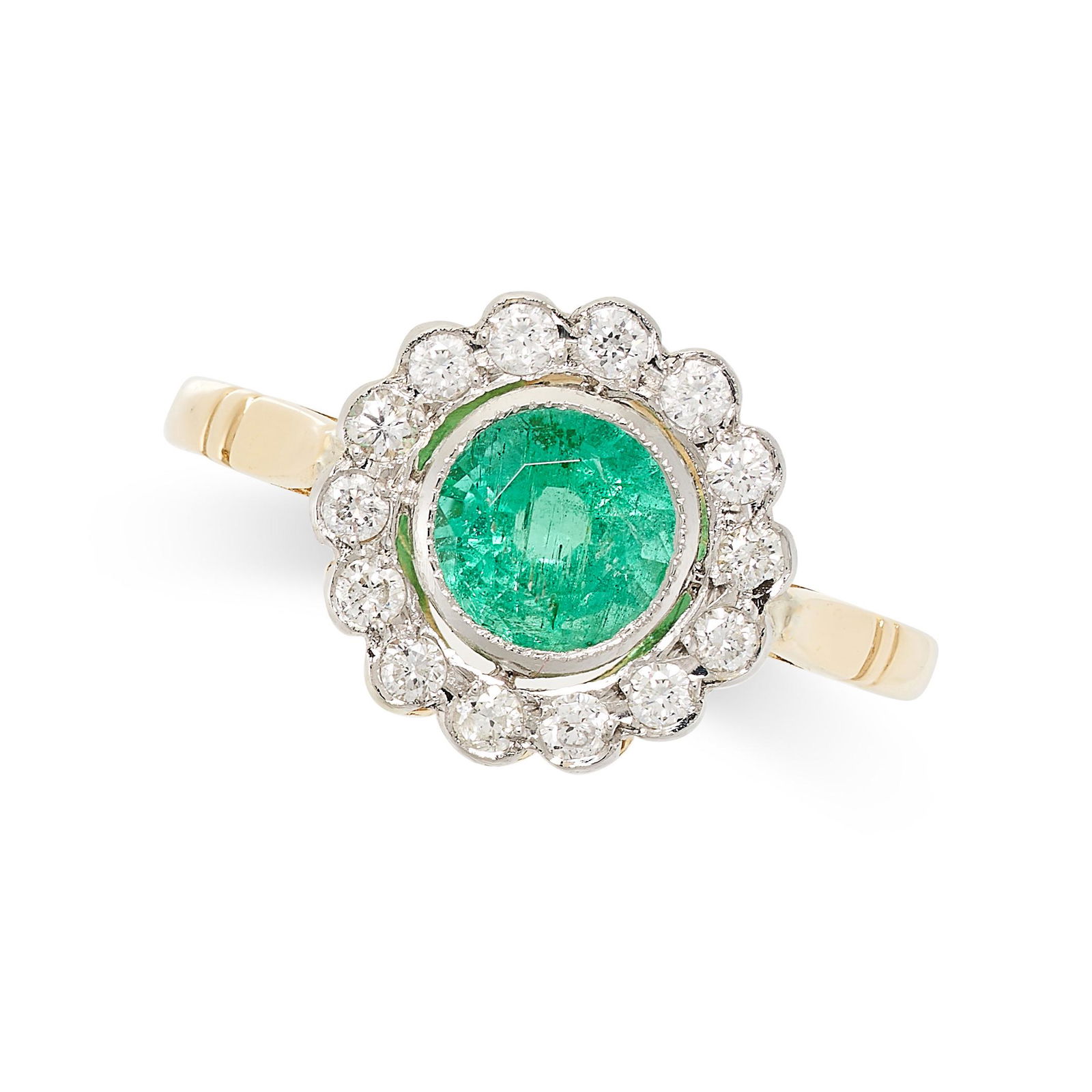 AN EMERALD AND DIAMOND CLUSTER RING set with a round cut emerald of 0.80 carats in a cluster of (1 of 2)