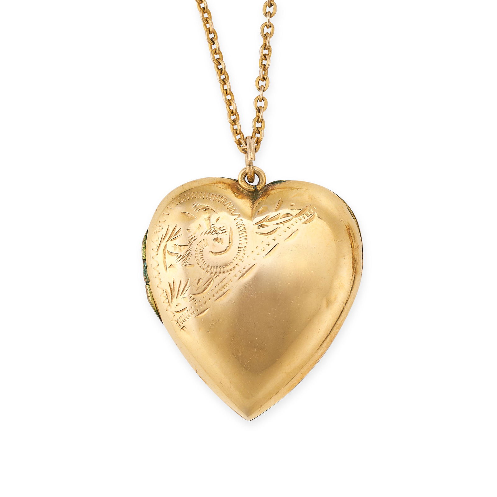 A VINTAGE HEART LOCKET PENDANT AND CHAIN the heart locket with engraved motifs, opening to reveal (1 of 1)