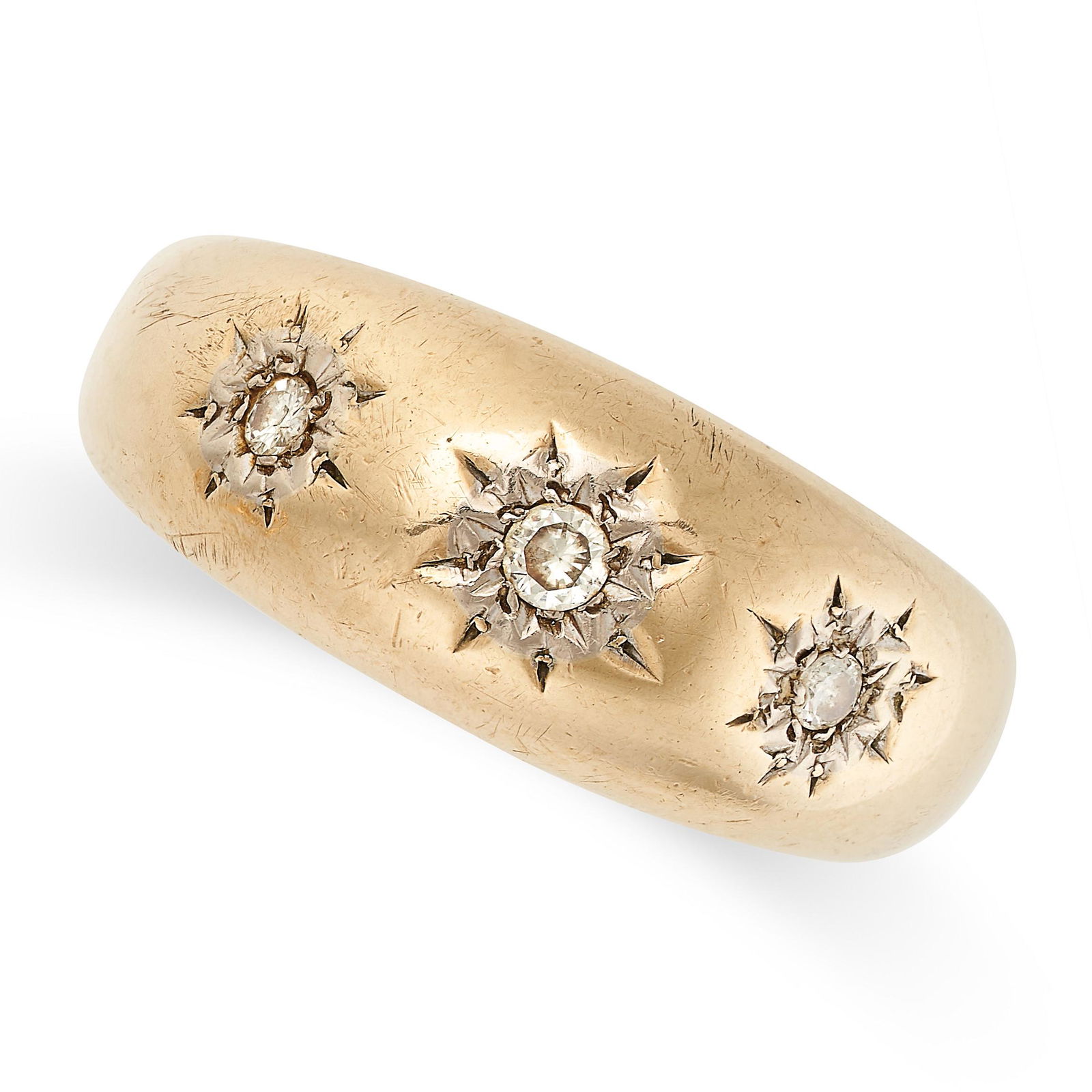 A VINTAGE DIAMOND GYPSY RING in 9ct yellow gold, the tapering band set with three round cut (1 of 2)