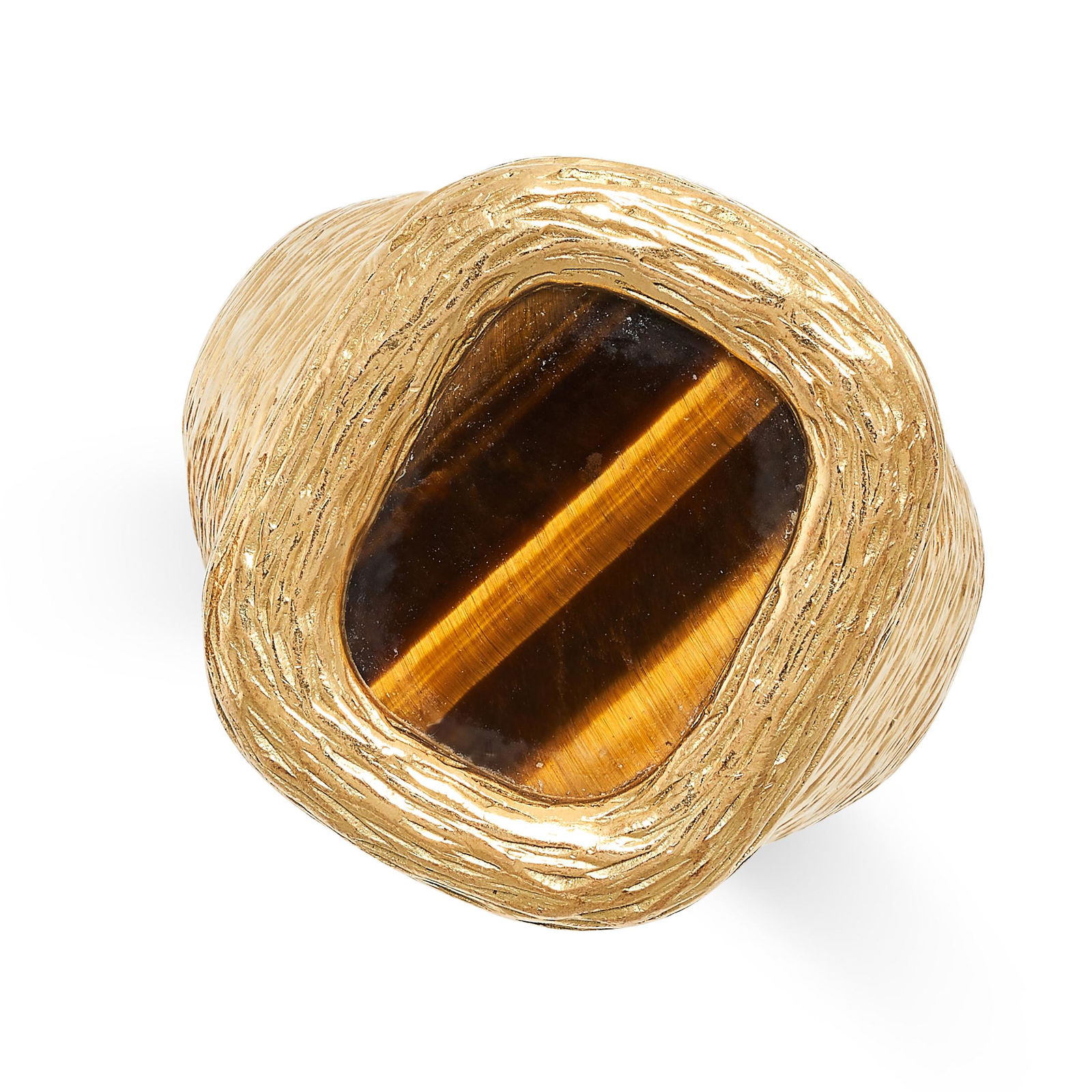A VINTAGE TIGER'S EYE RING in 18ct yellow gold, set with a polished rectangular piece of tiger's eye (1 of 2)