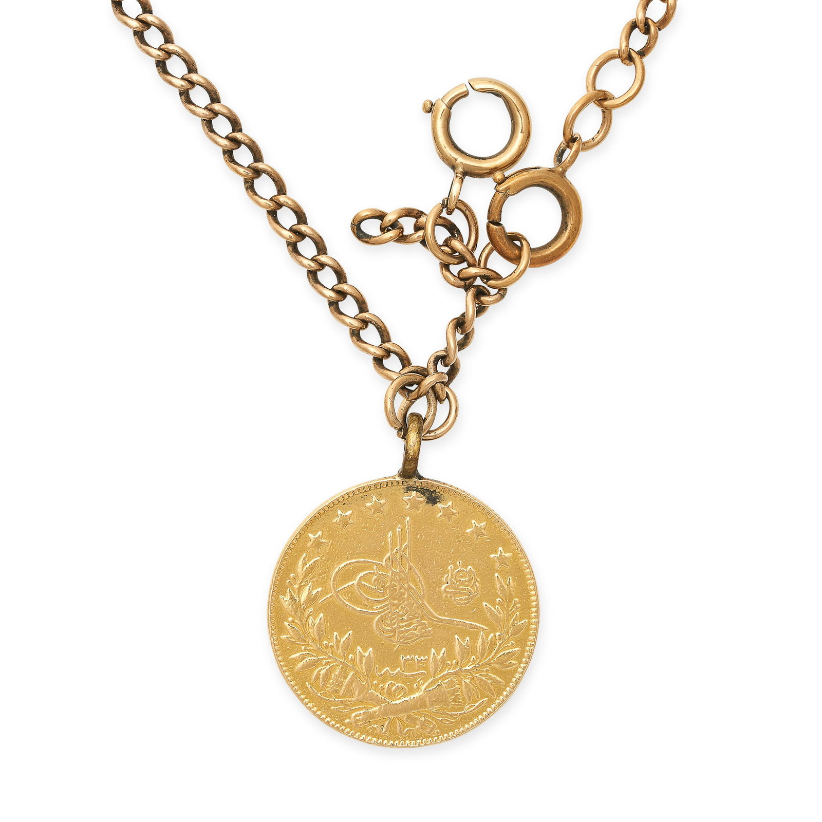 A TURKISH COMMEMORATIVE COIN PENDANT AND CHAIN in yellow gold, comprising a fancy link chain (1 of 2)