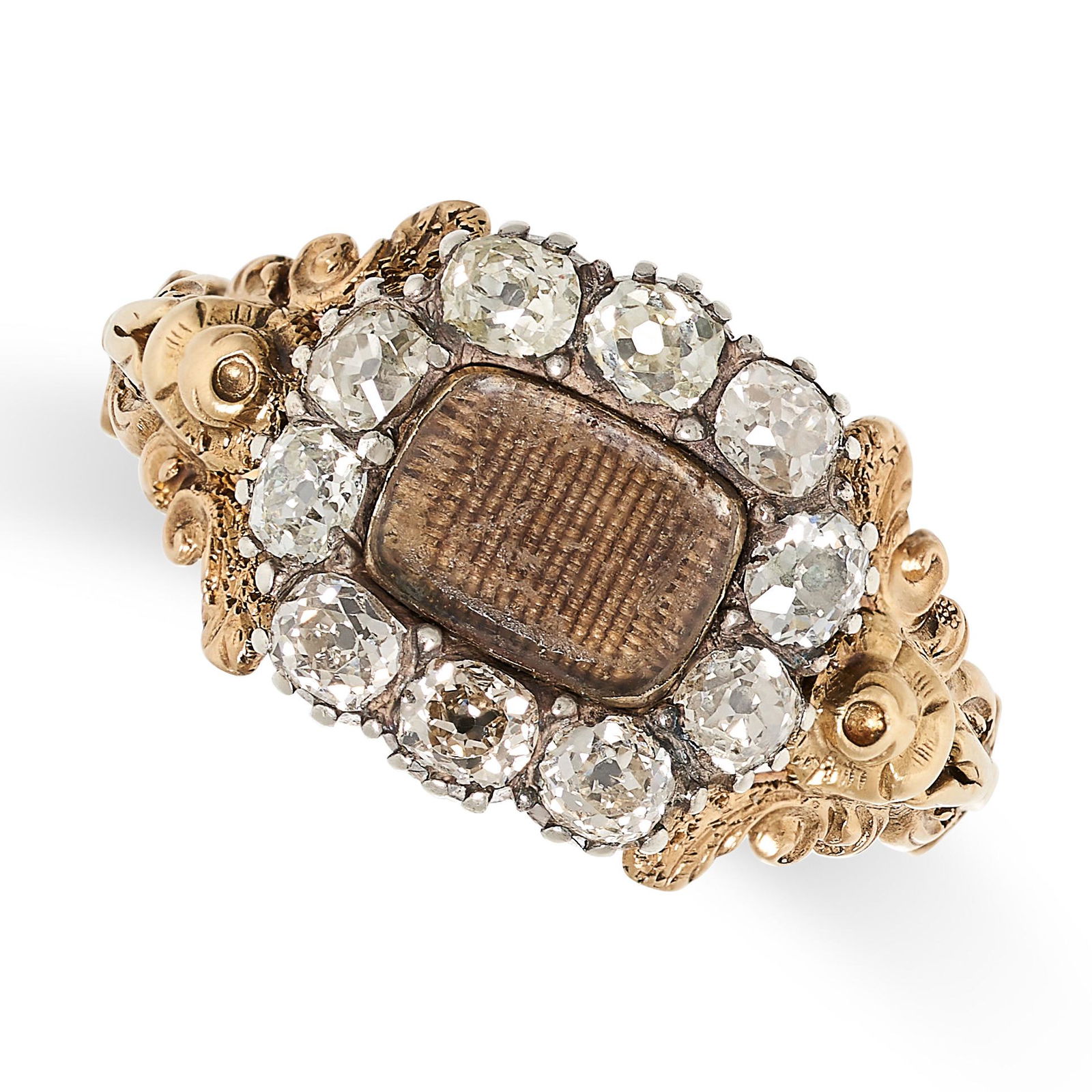 A DIAMOND MOURNING RING designed as a glass locket in a cluster of old cut diamonds, the band in (1 of 2)