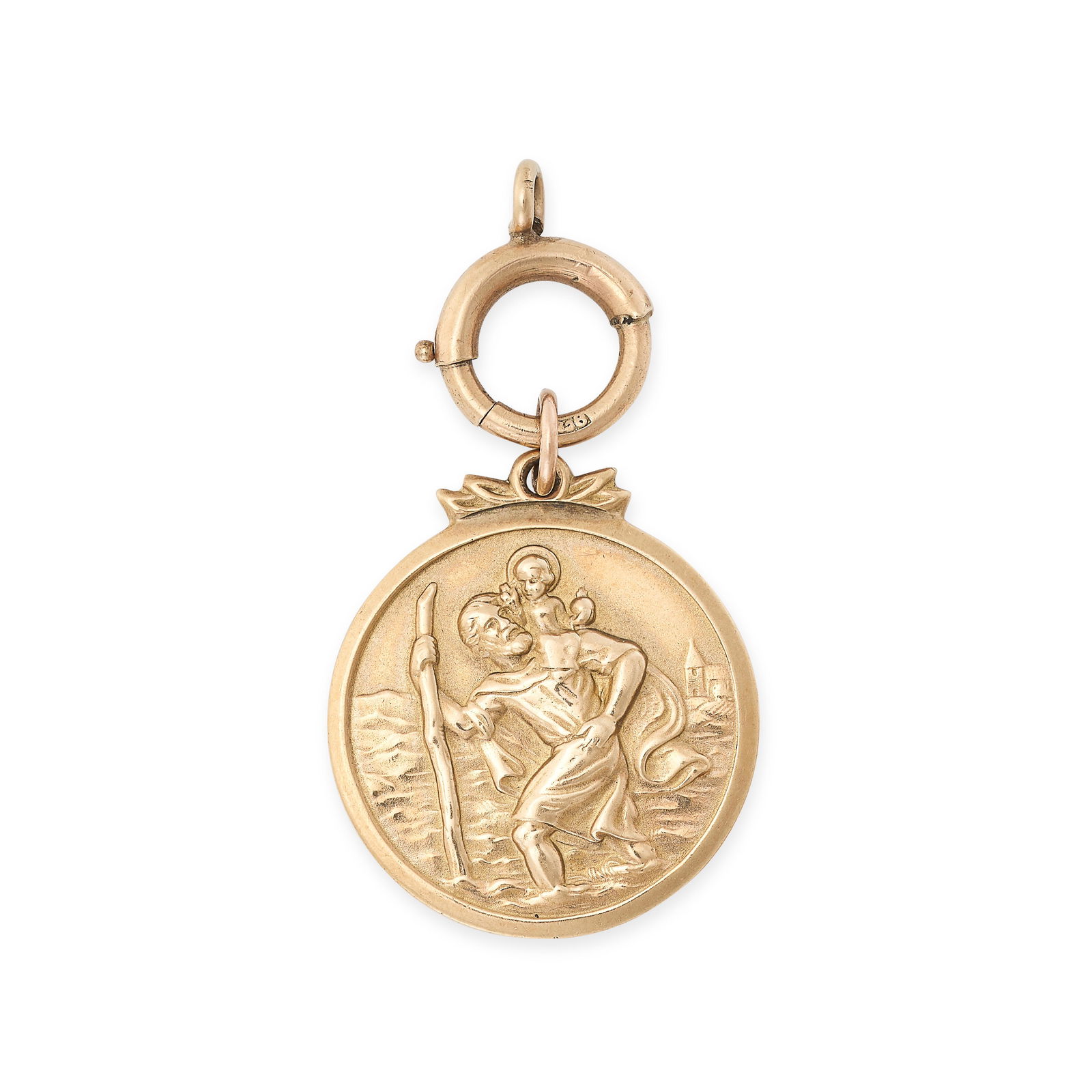 A VINTAGE ST CHRISTOPHER PENDANT in 9ct yellow gold, depicting the scene of St Christopher carrying (1 of 2)