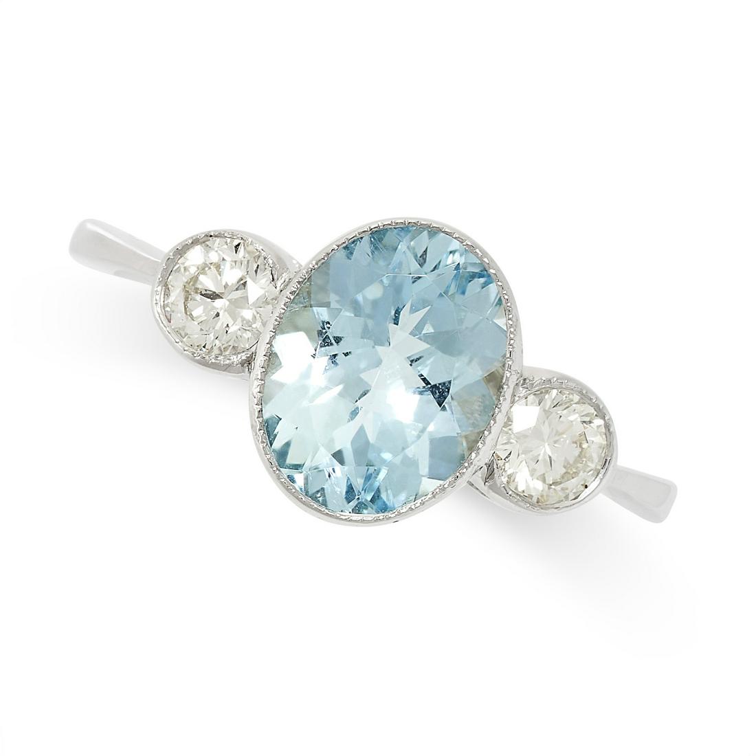 AN AQUAMARINE AND DIAMOND RING set with an oval cut aquamarine of 1.60 carats between two round (1 of 2)