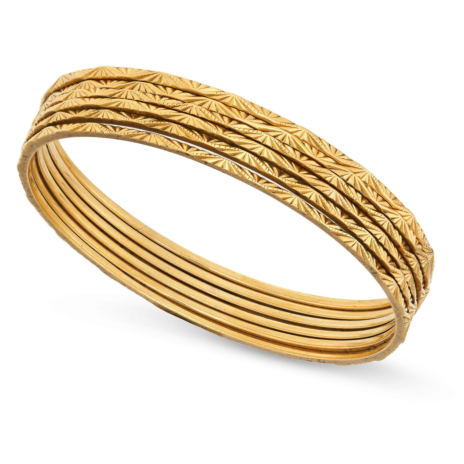 A SET OF SIX BANGLES in high carat yellow gold, comprising six bangles with engraved details, no (1 of 1)