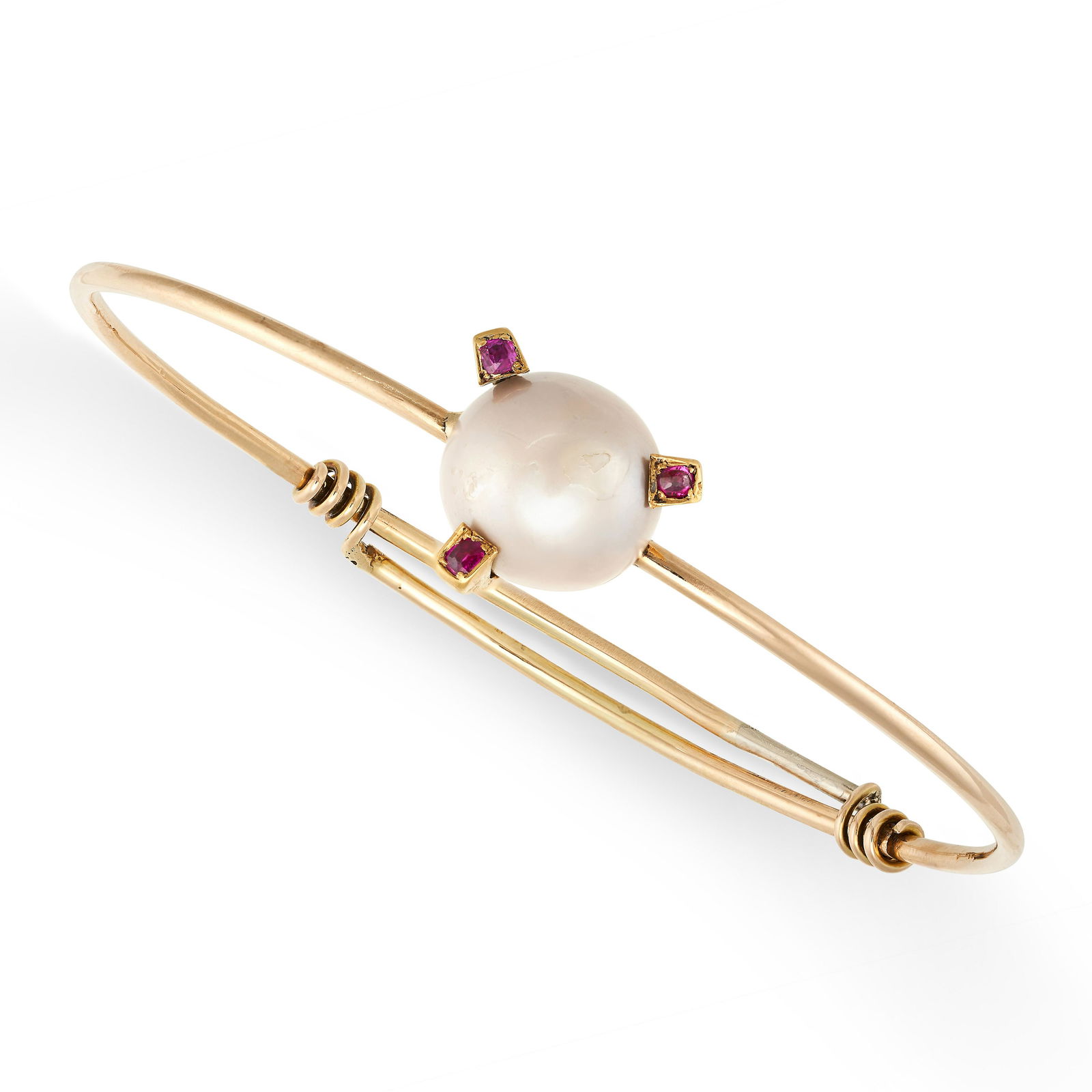 A PEARL AND RUBY BRACELET the body set with a pearl of 11.6mm accented by three round cut rubies, no (1 of 1)