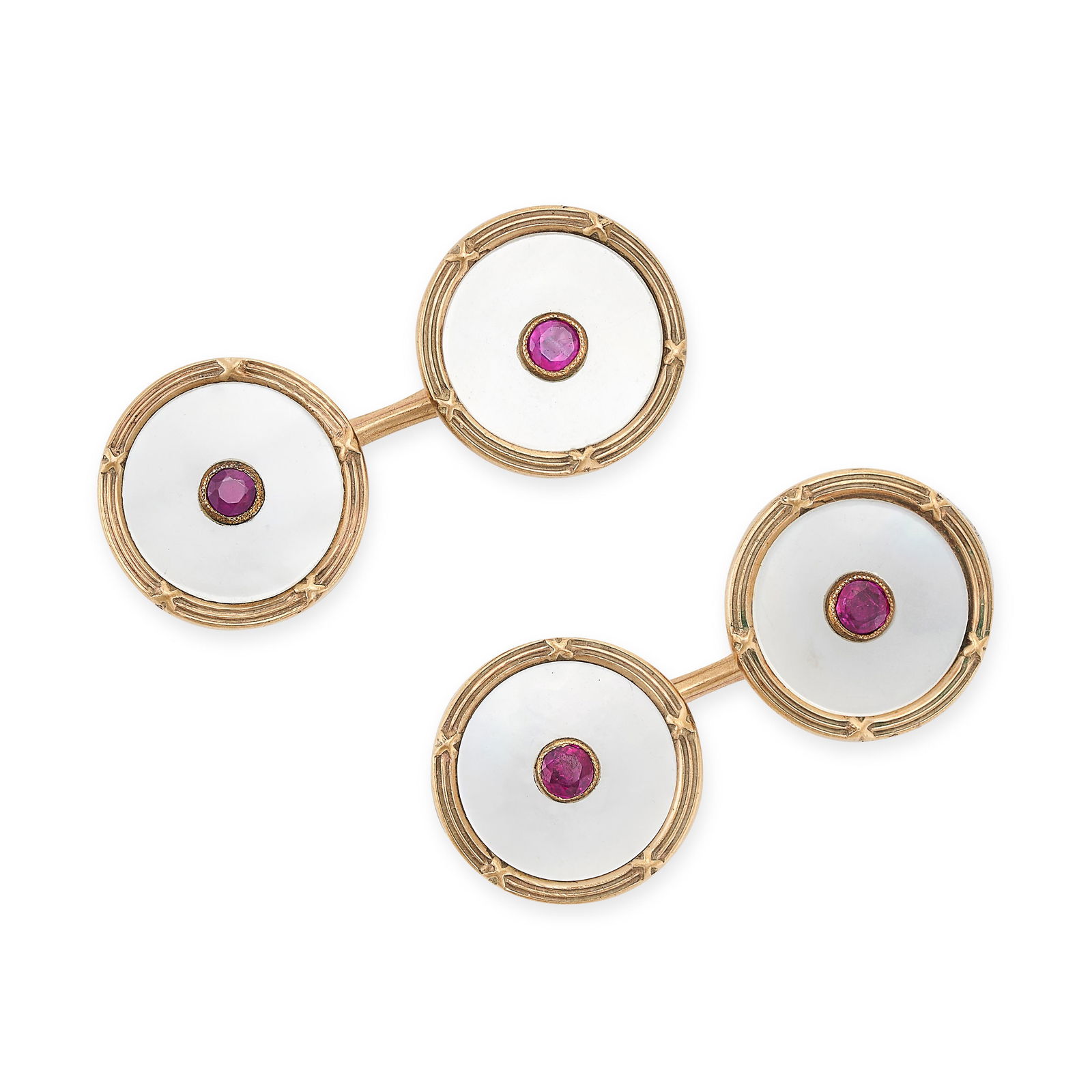 A PAIR OF ANTIQUE MOTHER OF PEARL AND RUBY CUFFLINKS in 9ct yellow gold, comprising two circular (1 of 3)